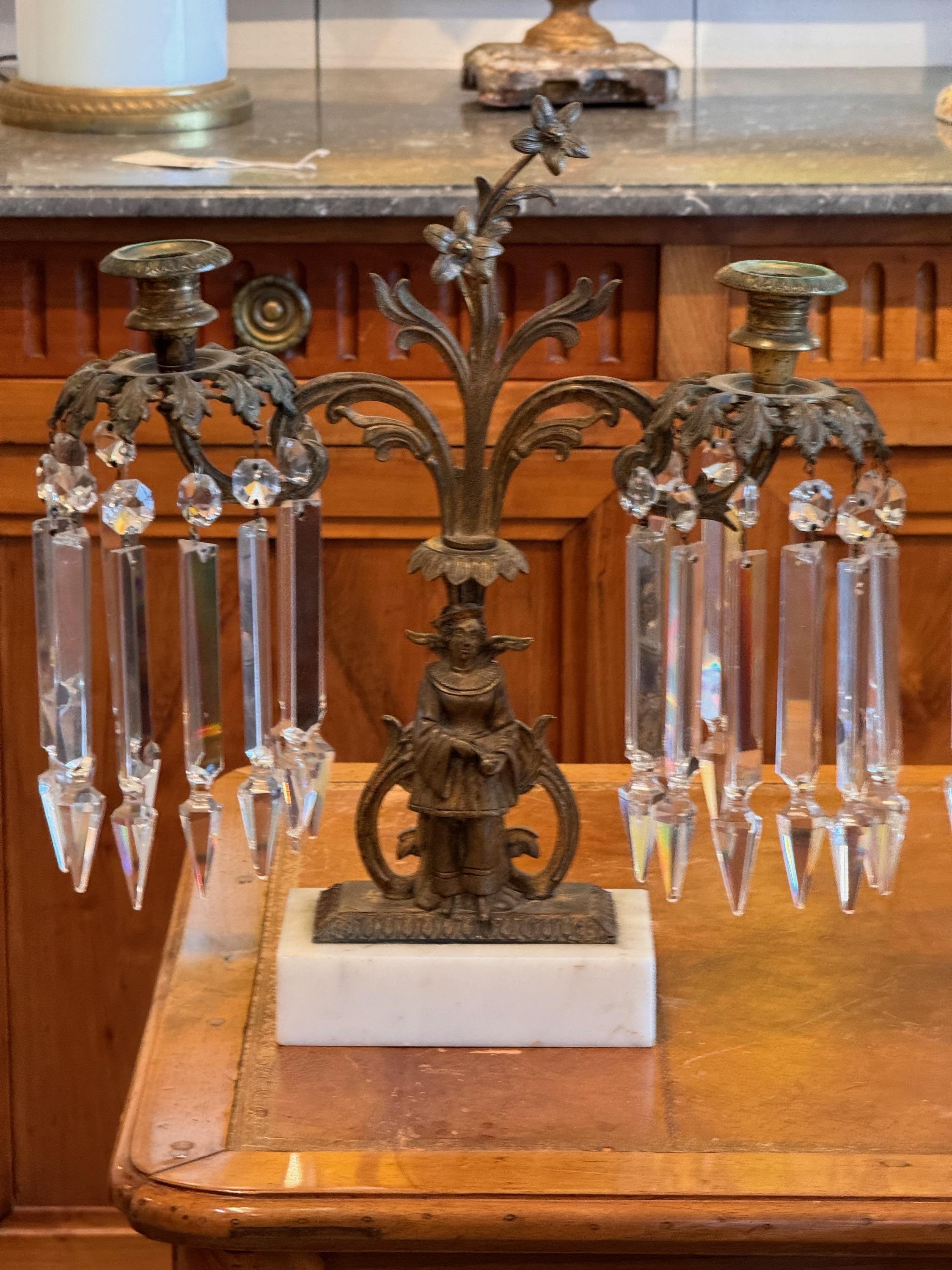 19th Century Pair of Marble and Bronze Crystal Candelabra For Sale 2