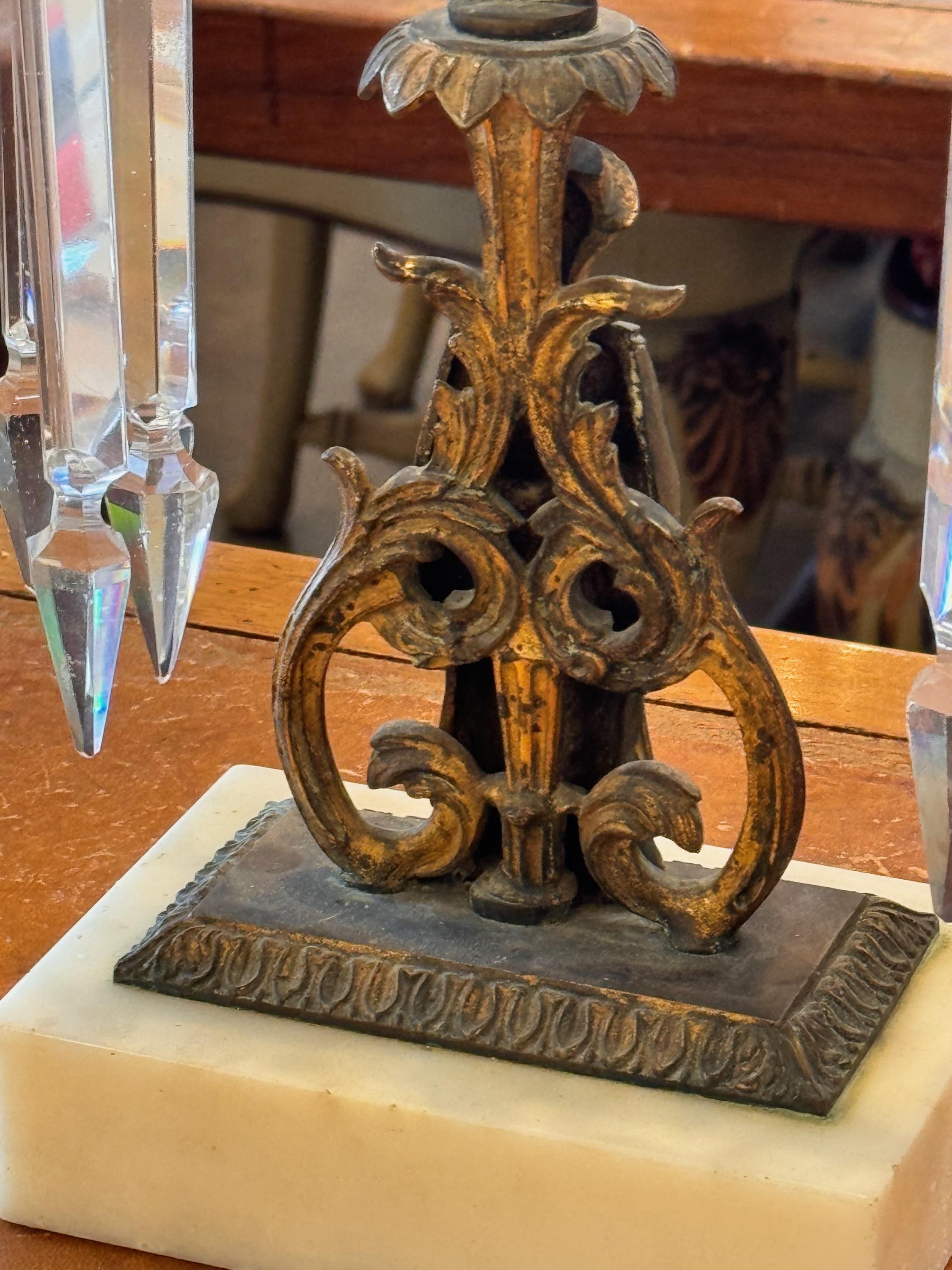 19th Century Pair of Marble and Bronze Crystal Candelabra For Sale 3
