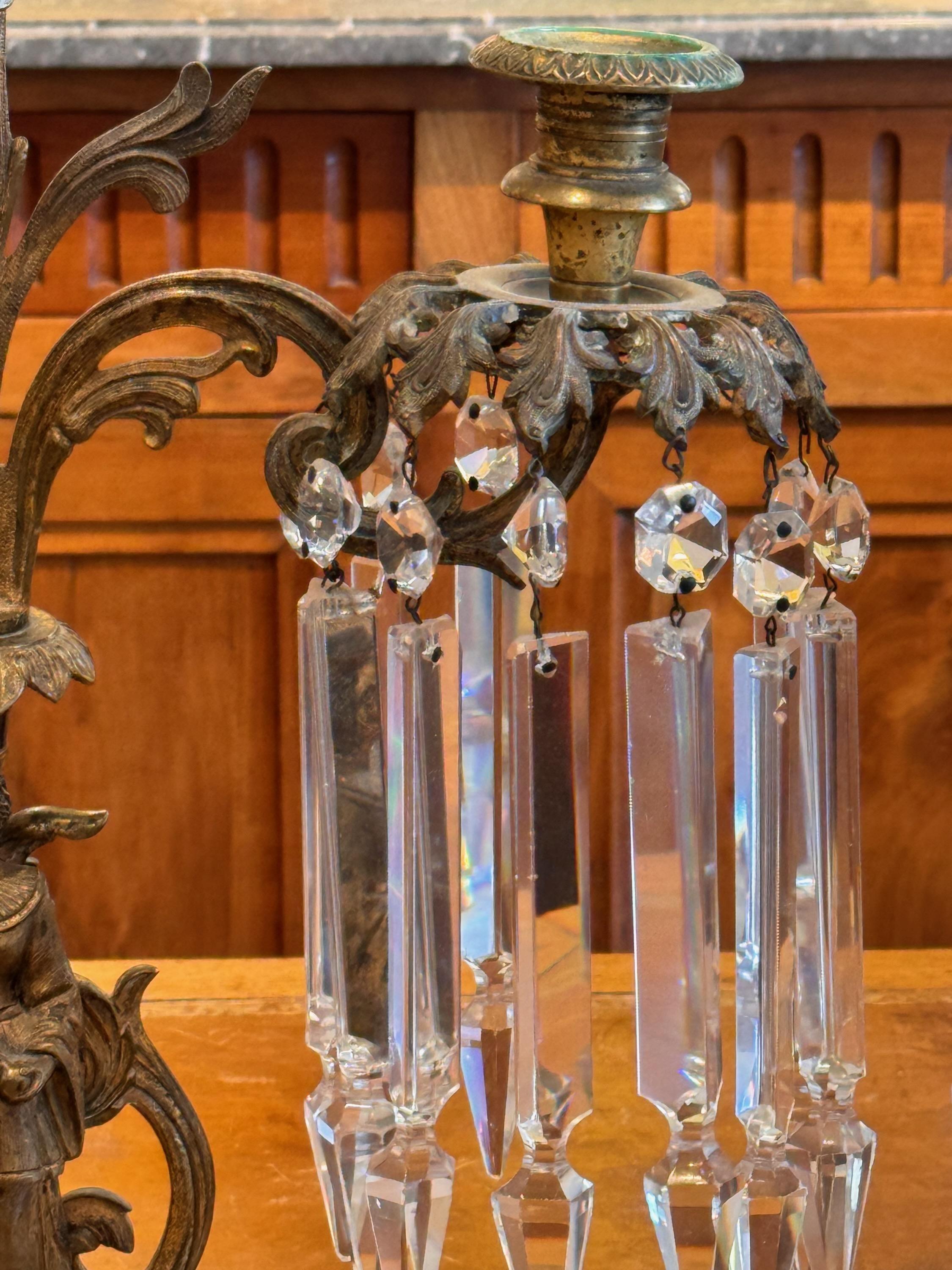 19th Century Pair of Marble and Bronze Crystal Candelabra For Sale 5