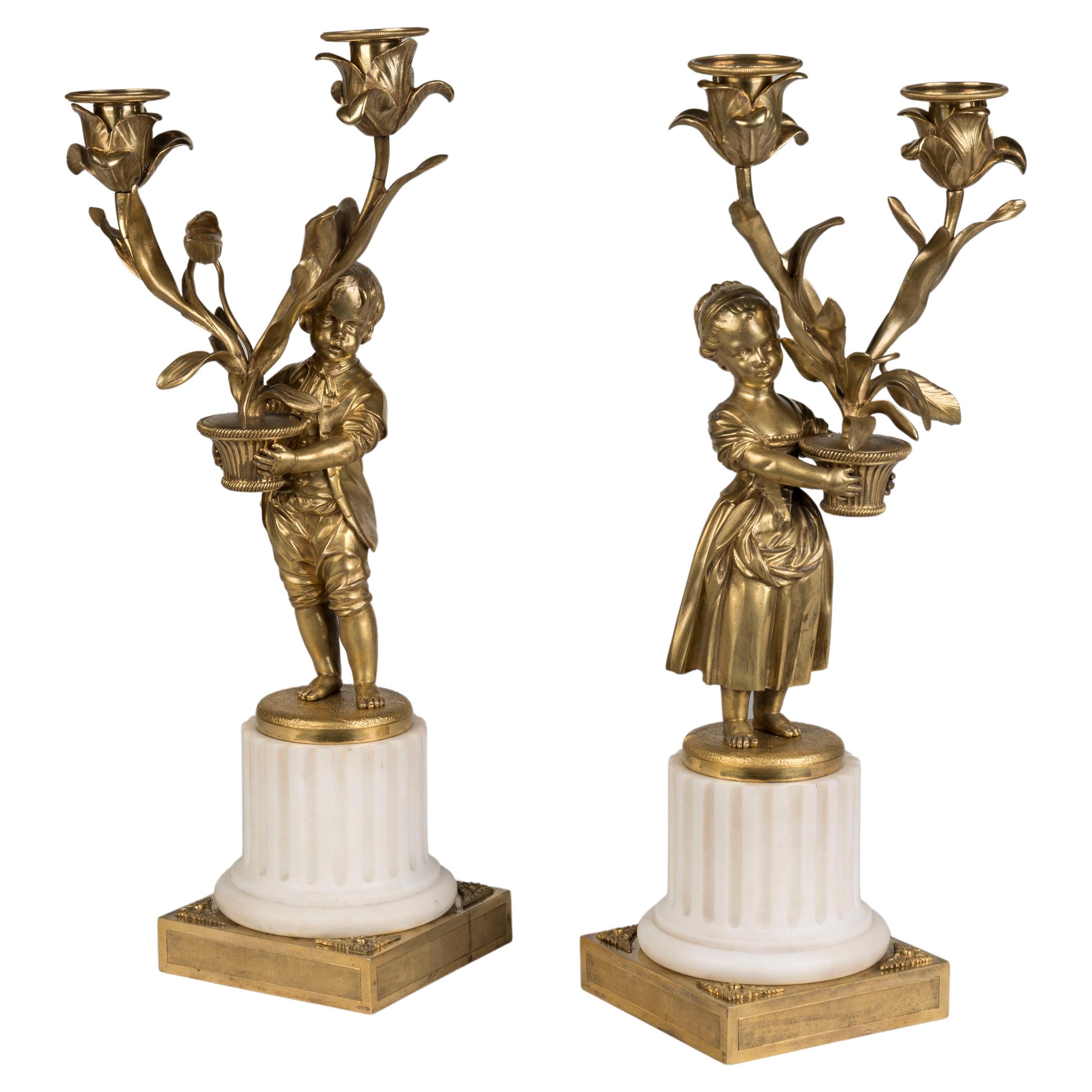 19th Century Pair of Marble and Gilt Bronze Figural Candelabra by Eugène Hazart