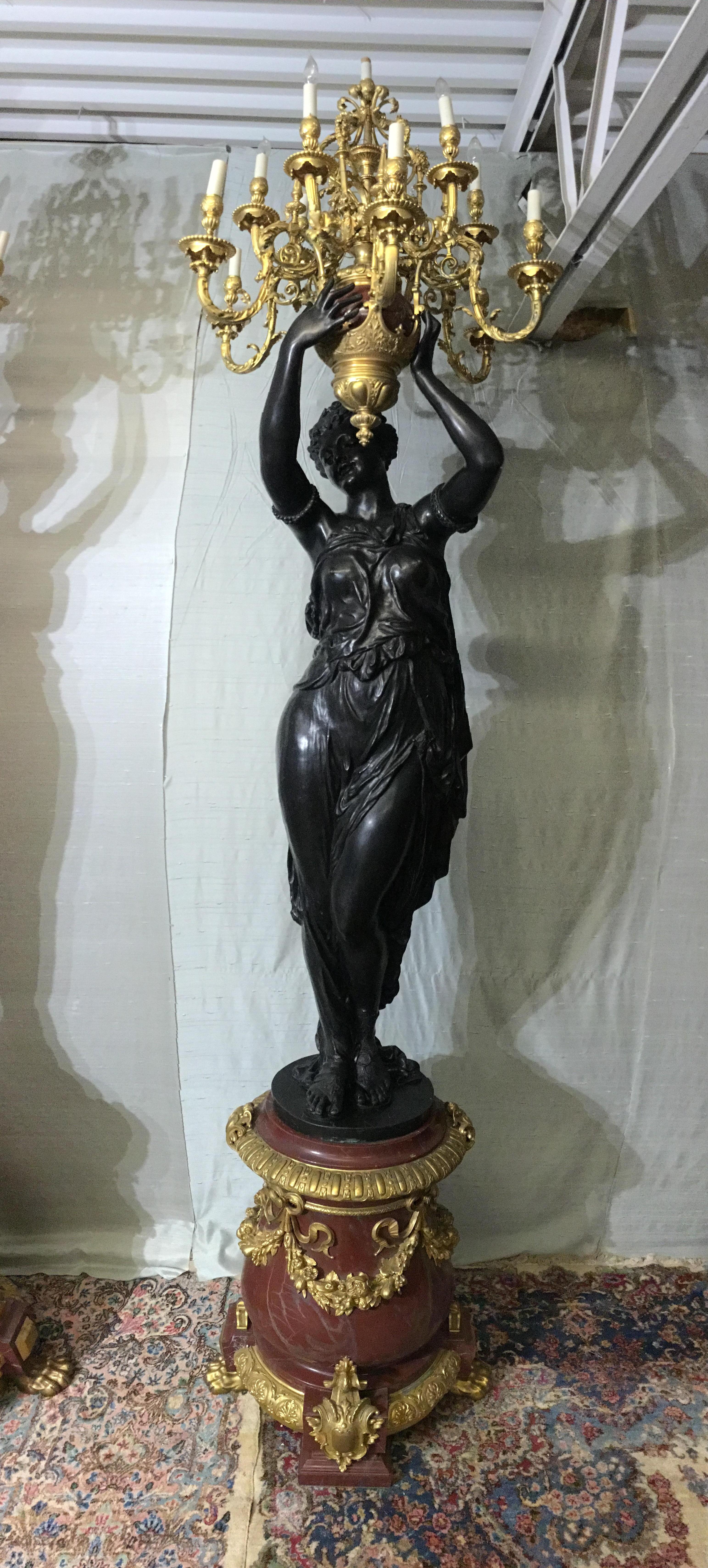 Neoclassical 19th Century Pair of Marble Base Patinated Bronze Figurative Torcheres For Sale