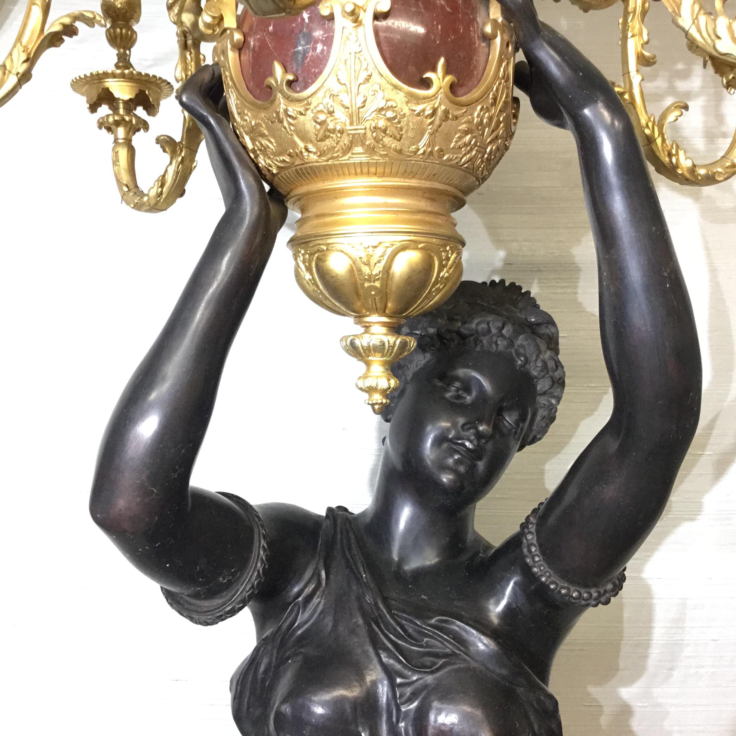19th Century Pair of Marble Base Patinated Bronze Figurative Torcheres In Excellent Condition For Sale In Clinton Twp, MI