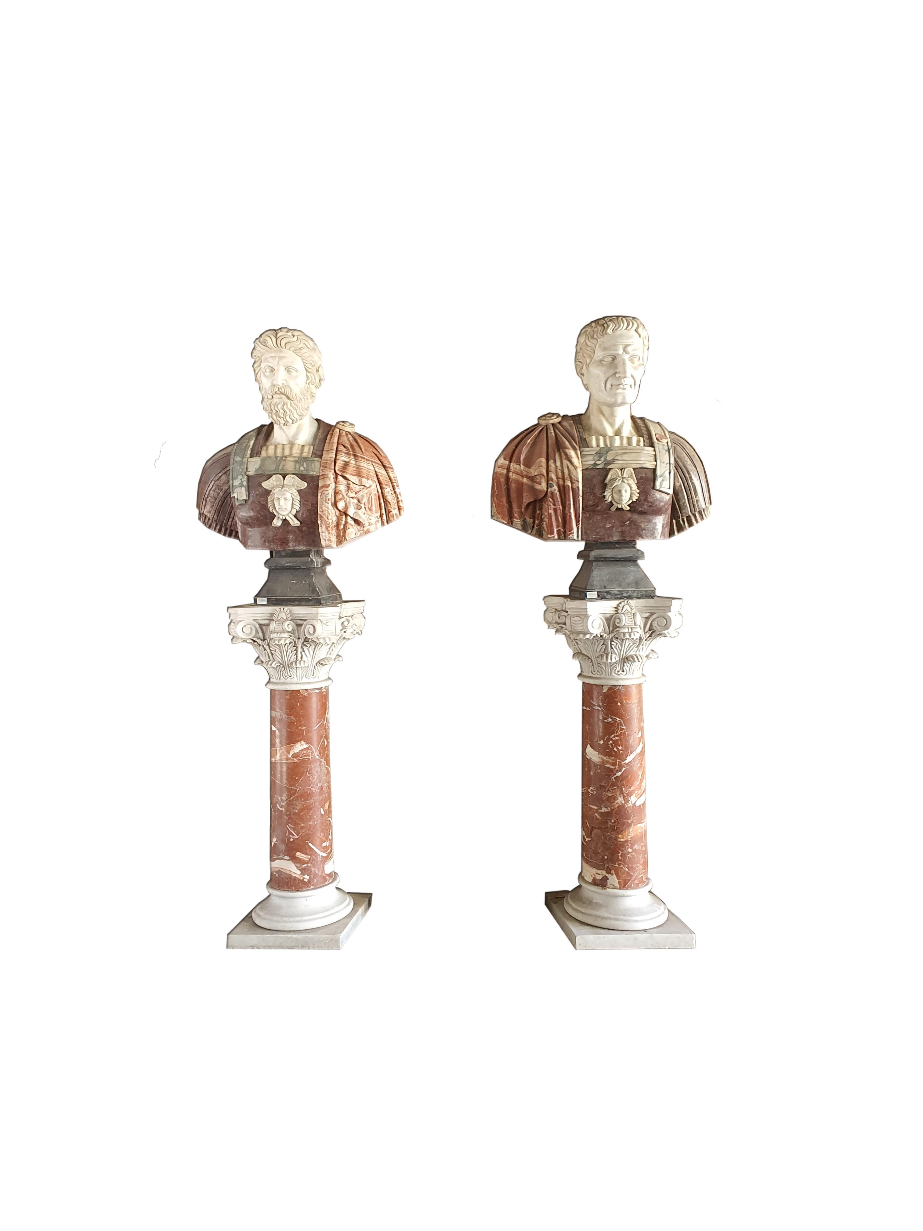 Pair of marble busts, depicting Roman emperors. The busts are made of white statuary marble and Breccia marble, and rest on two marble columns.