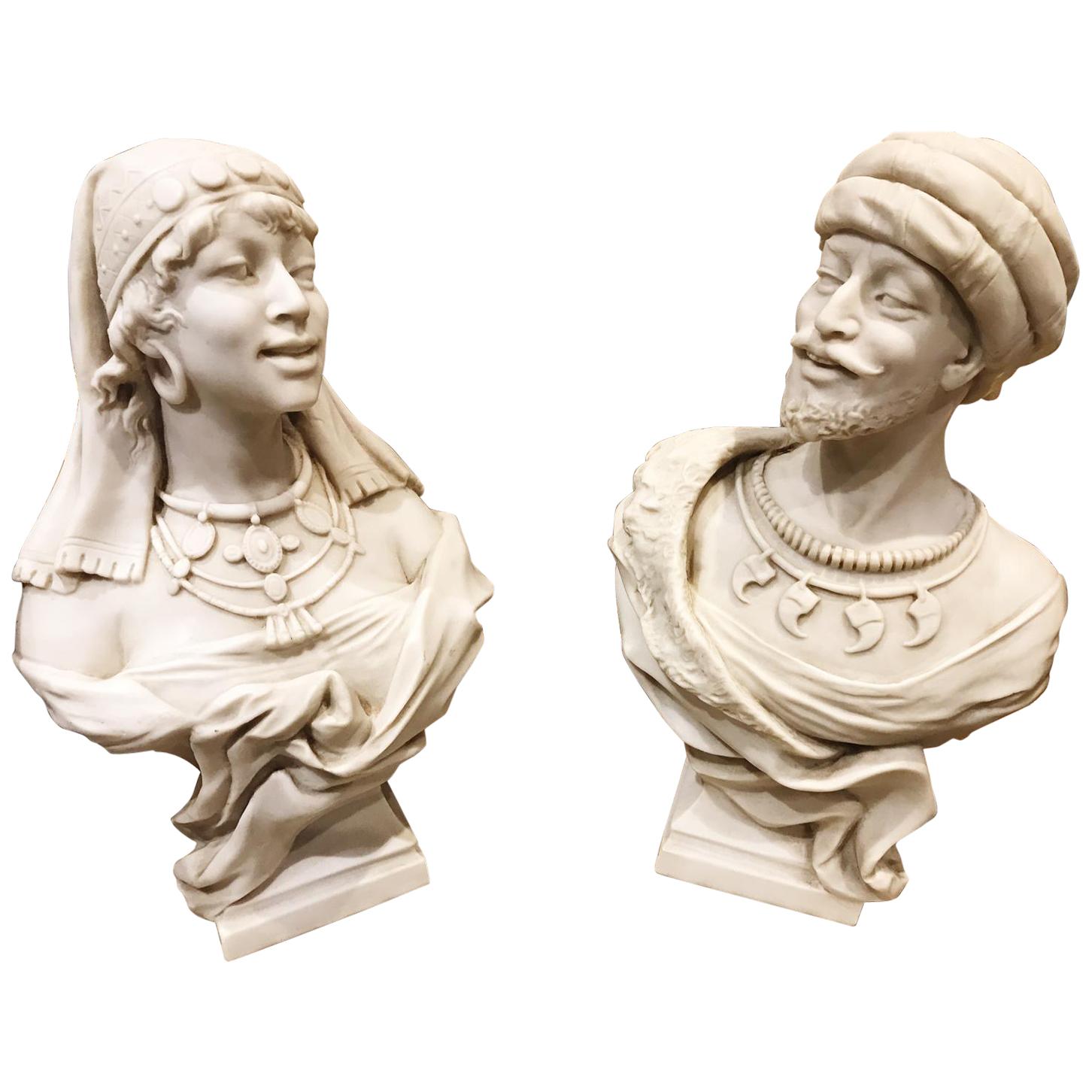 19th Century, Pair of Marble Statues of a Lady and a Gentleman, French For Sale