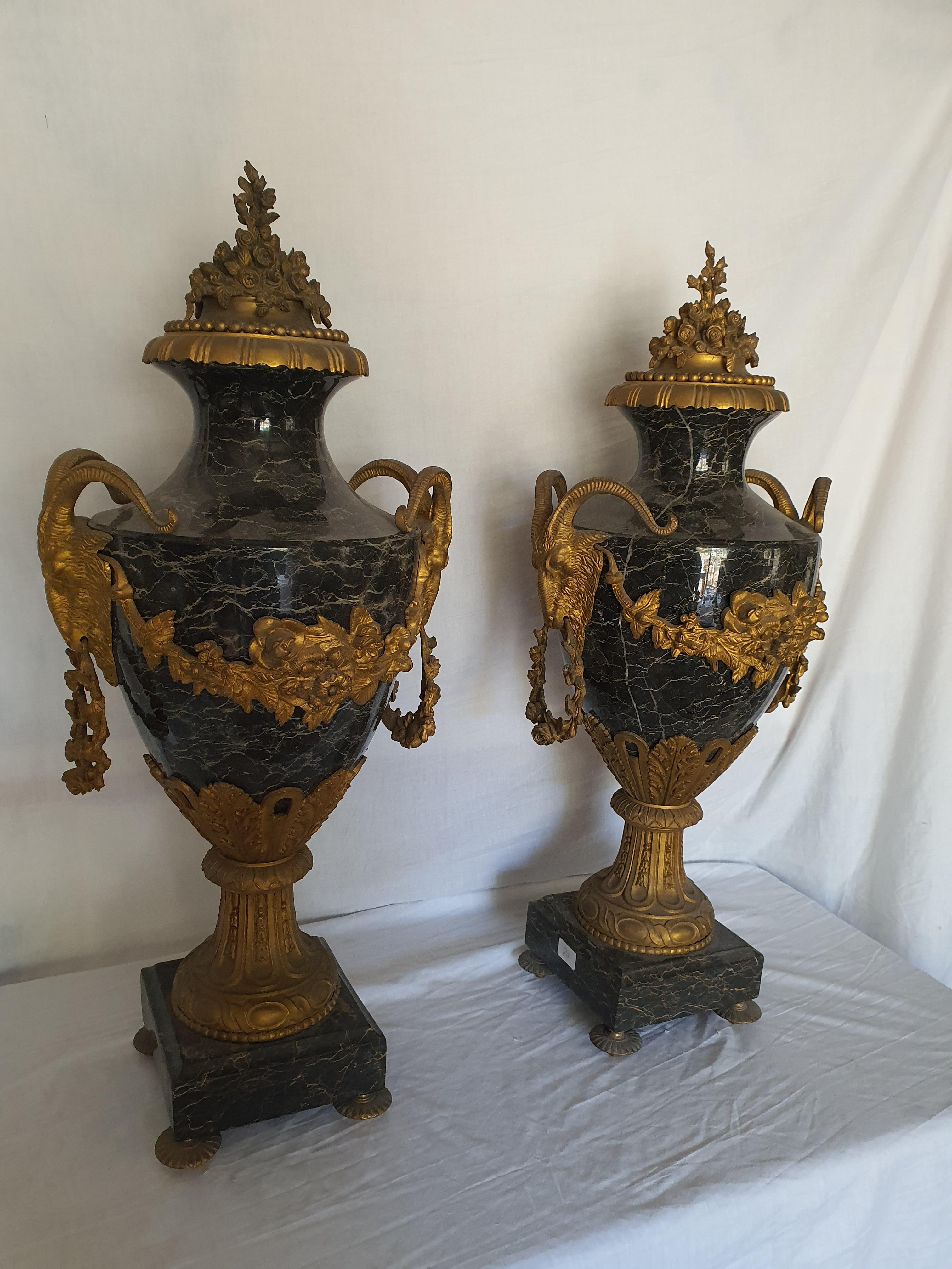 French 19th Century Pair of Marble Vases, Finely Chiseled and Gilded Bronze For Sale