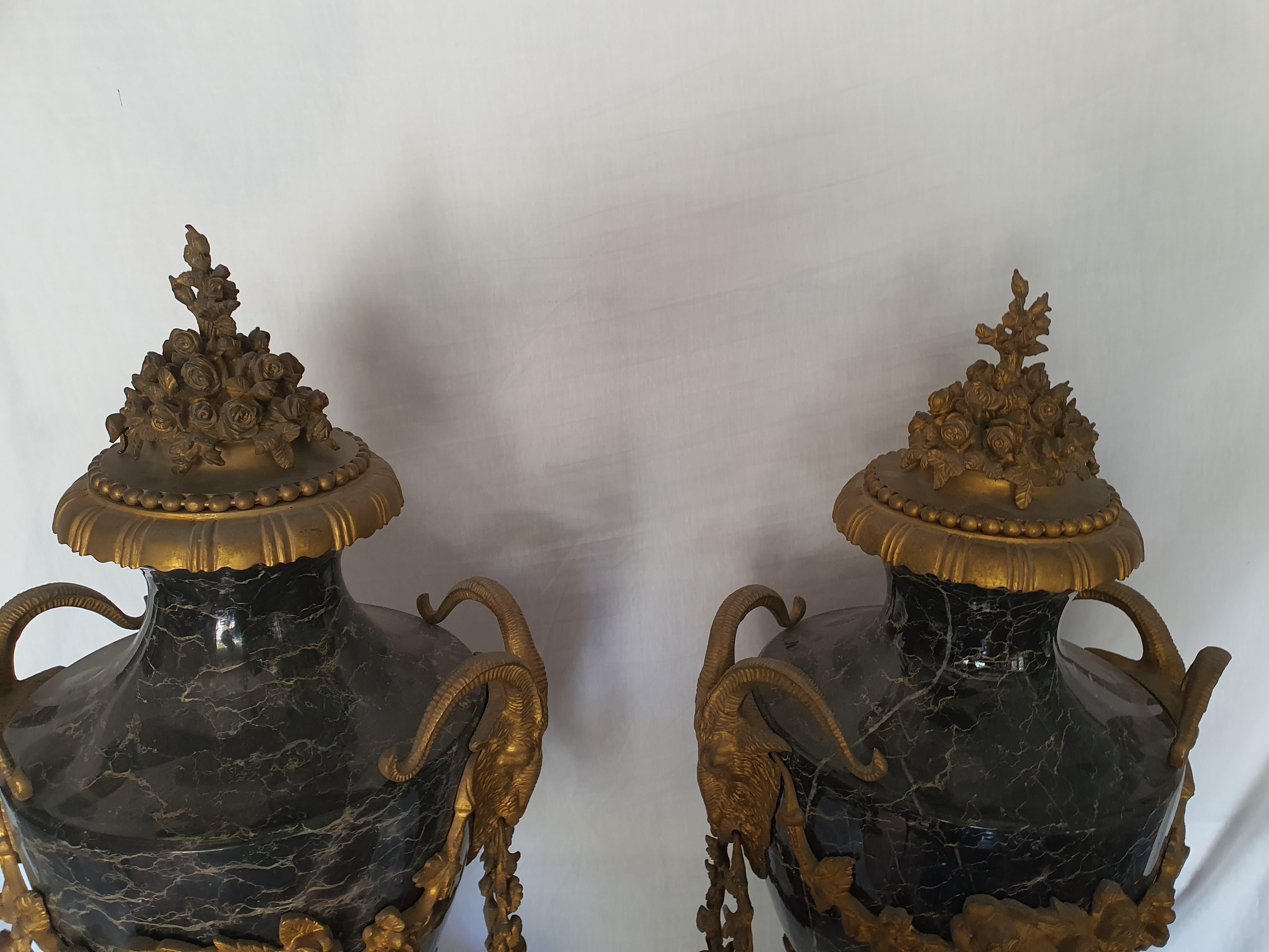 Gilt 19th Century Pair of Marble Vases, Finely Chiseled and Gilded Bronze For Sale