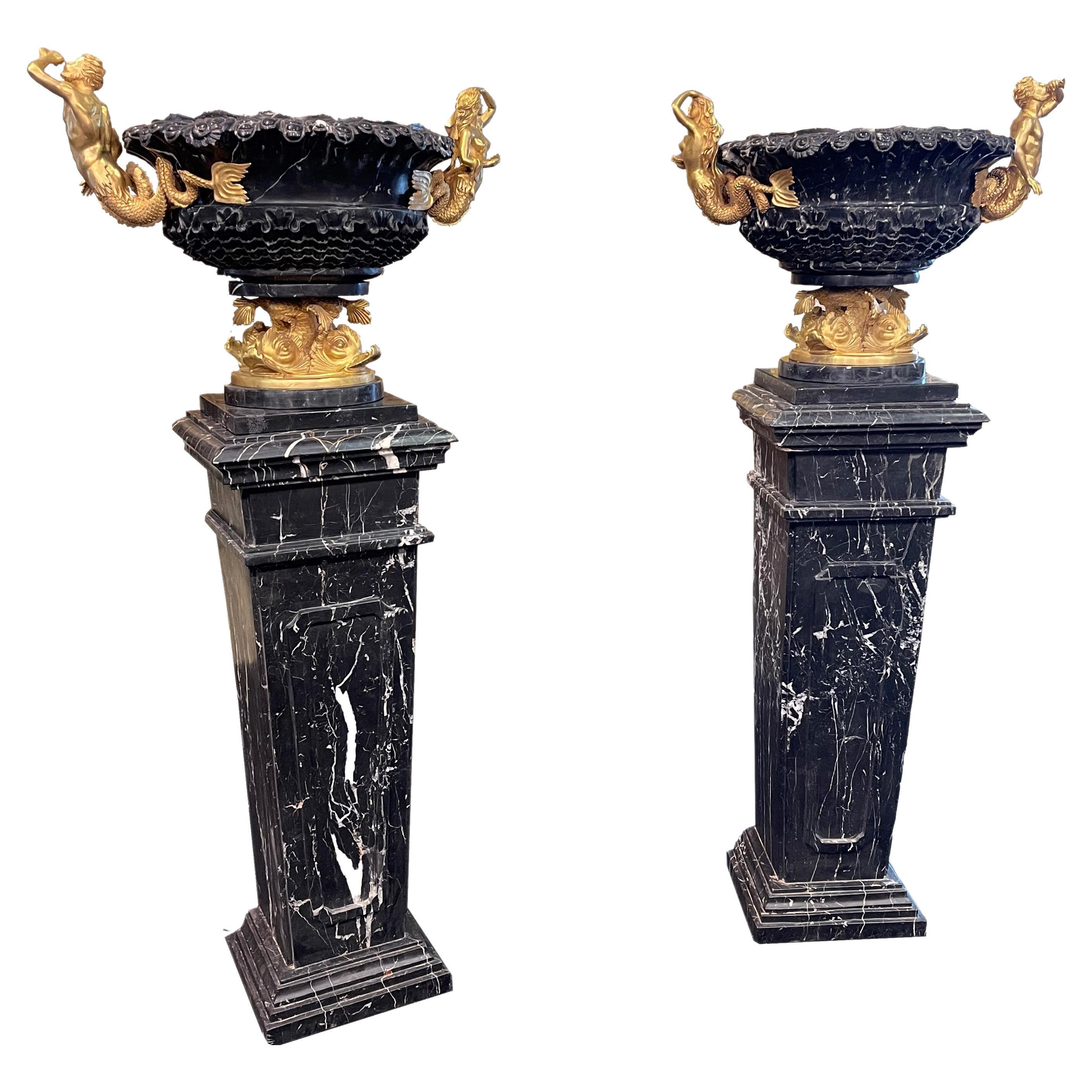 19th Century Pair of Marble Vases with Pedestals, Gold Bronze