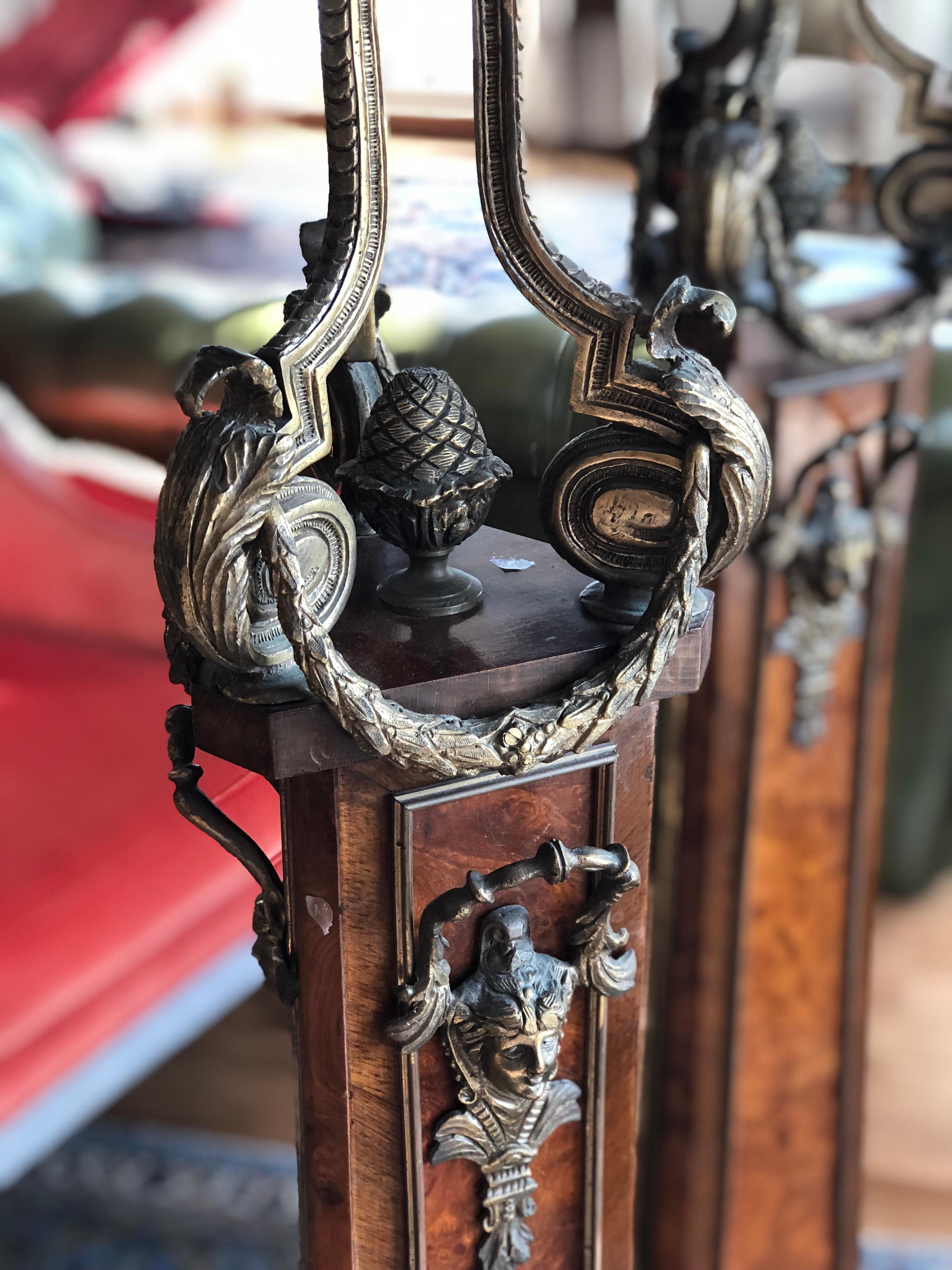 19th Century Pair of Marquetry Inlaid Tripod Pedestals with Bronze Decoration 4