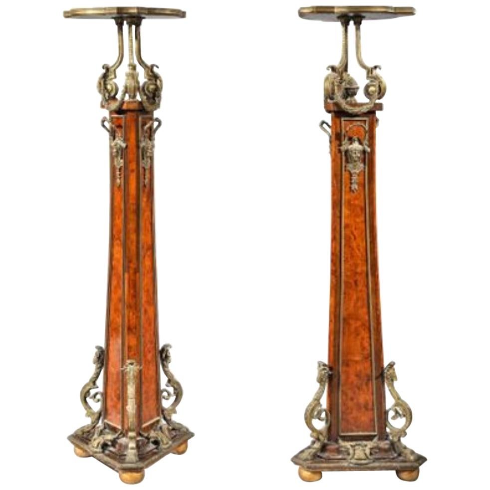 19th Century Pair of Marquetry Inlaid Tripod Pedestals with Bronze Decoration
