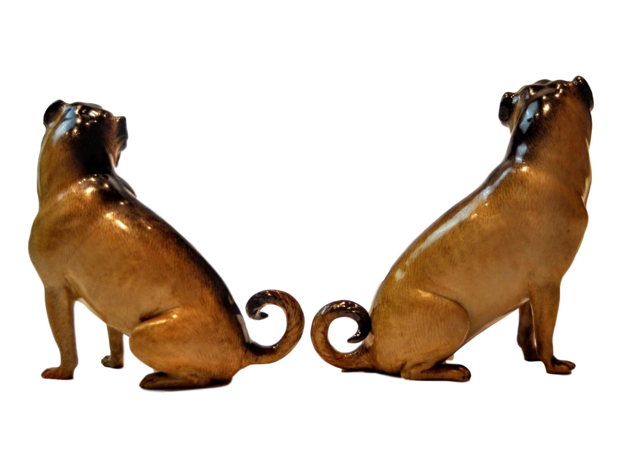 Rare pair of 19th century Meissen Porcelain pug dog figures made in Germany. Hand painted mirrored pair in great condition, very life like. Repair has been made to one paw. Marked on bottom with blue Meissen sword.