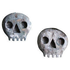 19th Century Pair of Memento Mori Carved Pine Folk Art Skulls