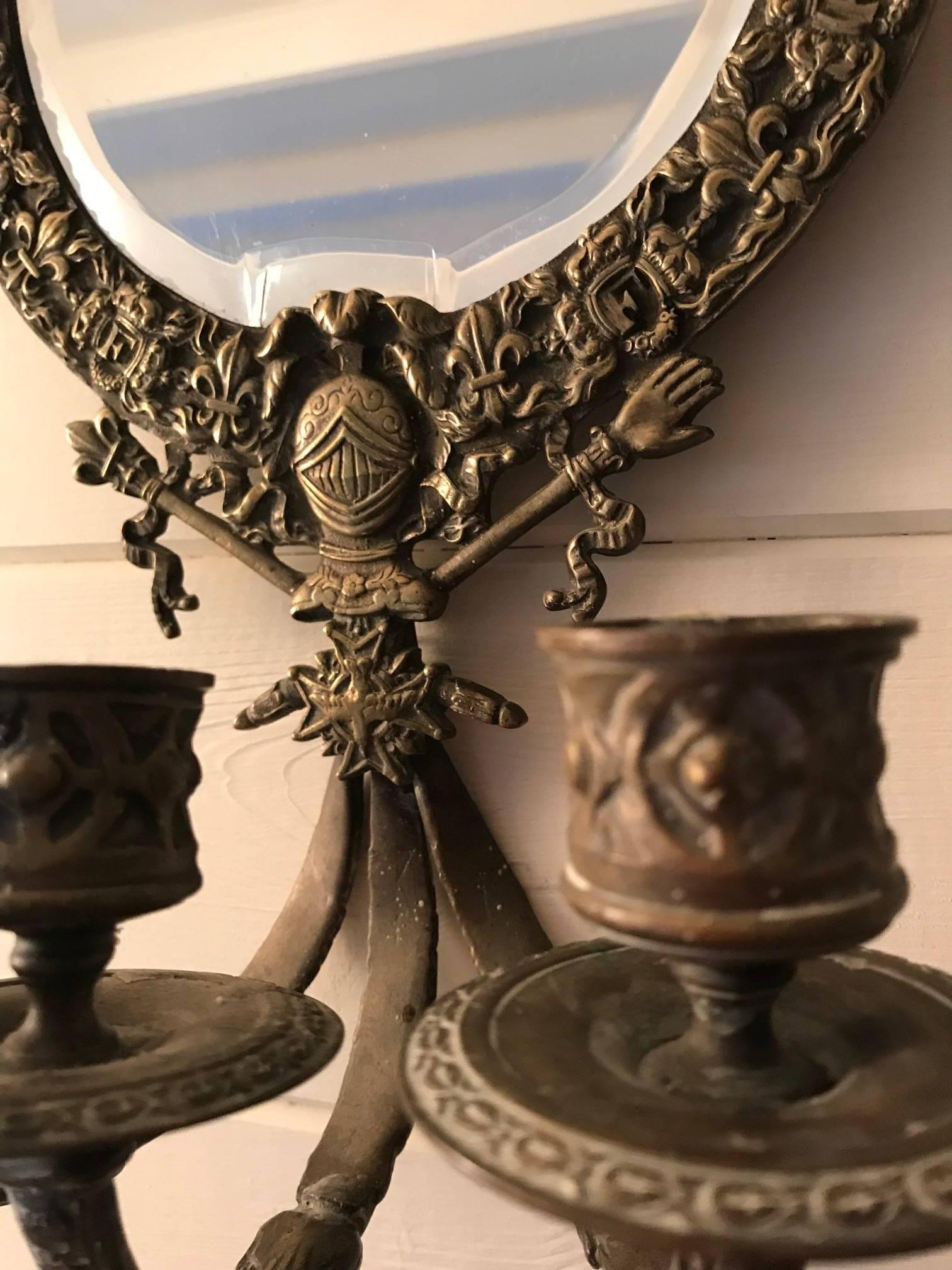 Brass 19th Century Pair of Mirrored and Bronze Sconces For Sale