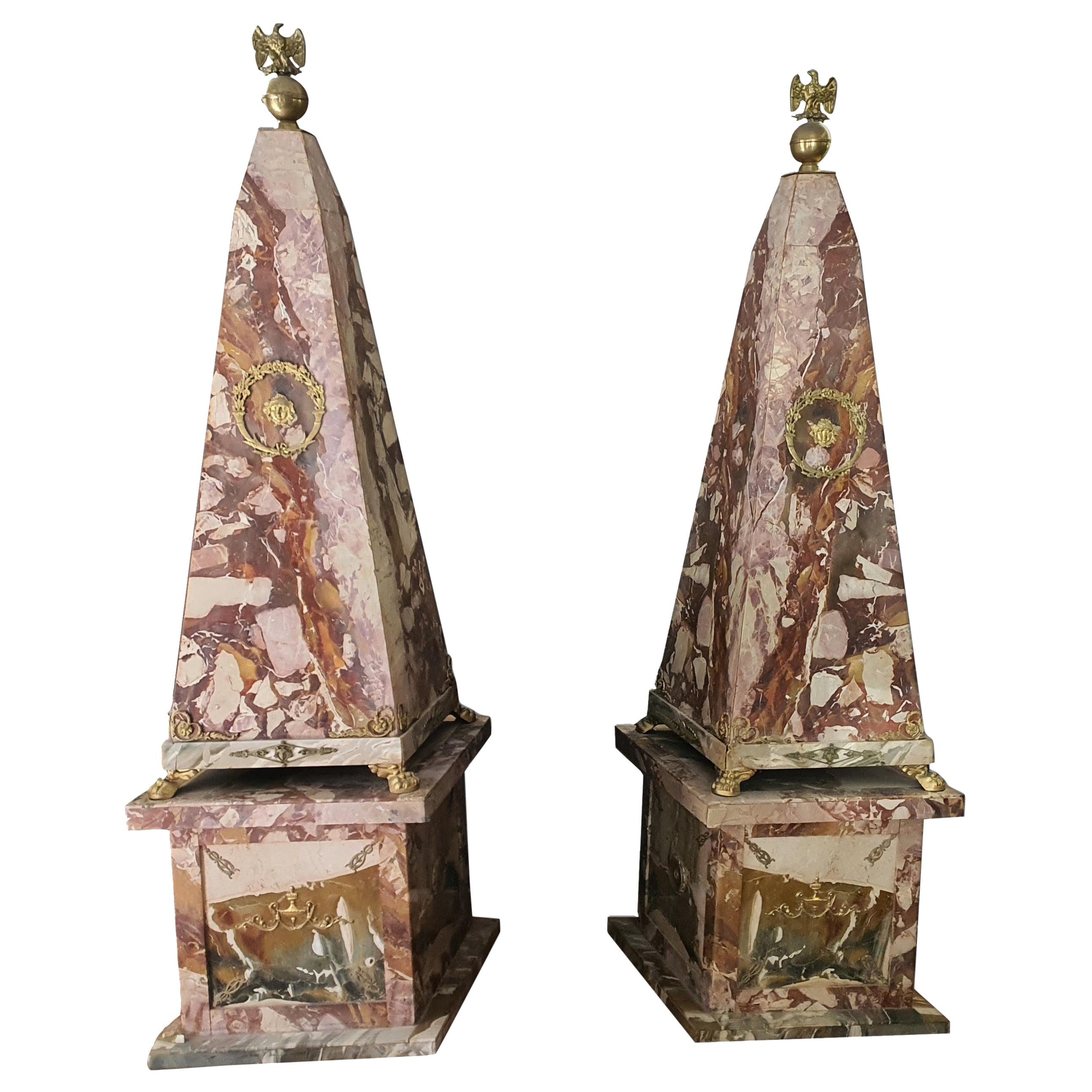 19th Century Pair of Monumental Neoclassical Obelisks Jasper Marble Gild Bronze