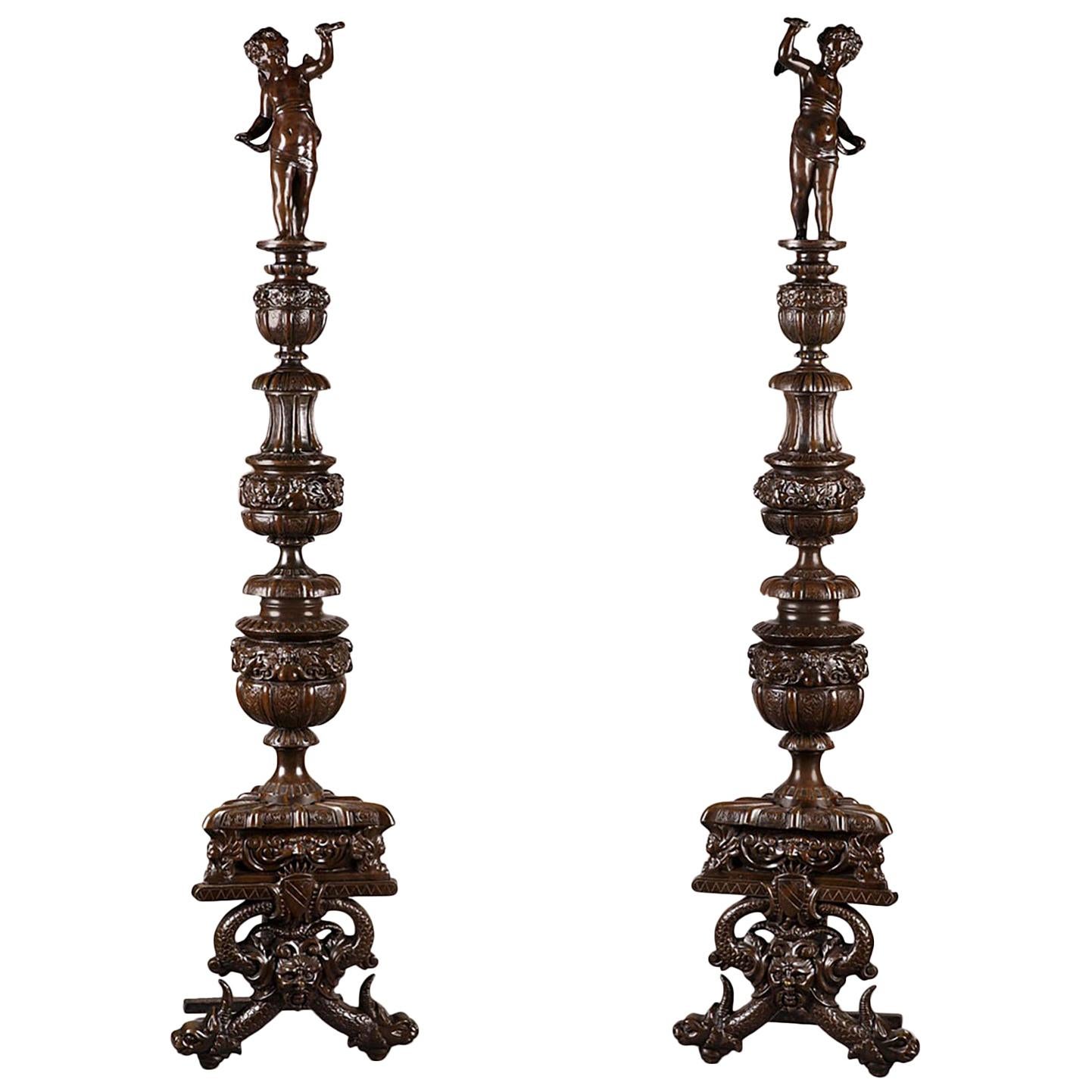 19th Century Pair of Napoleon III Andirons in Patinated Bronze For Sale