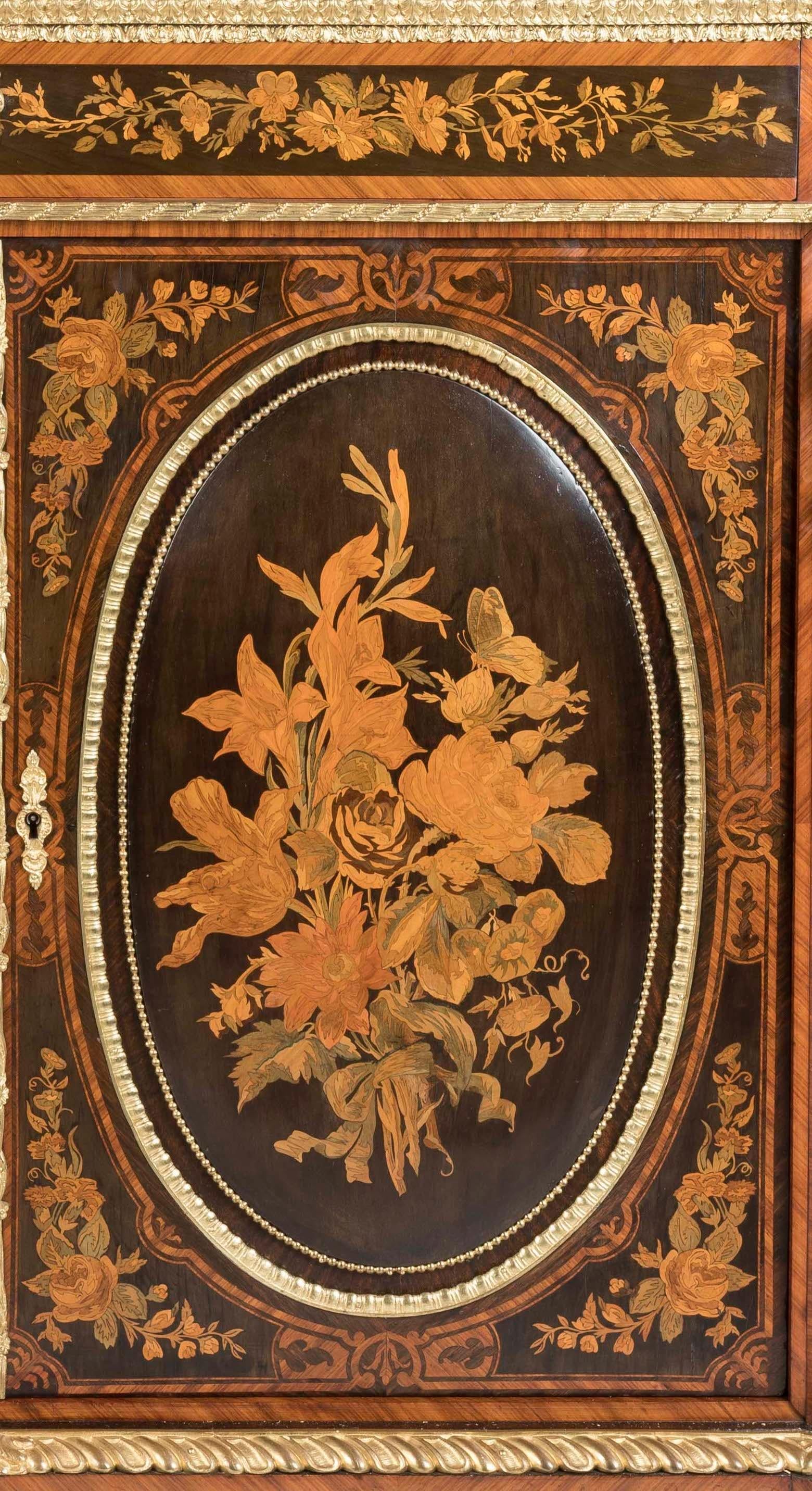 19th century pair of Napoleon III floral marquetry cabinets with marble tops For Sale 2