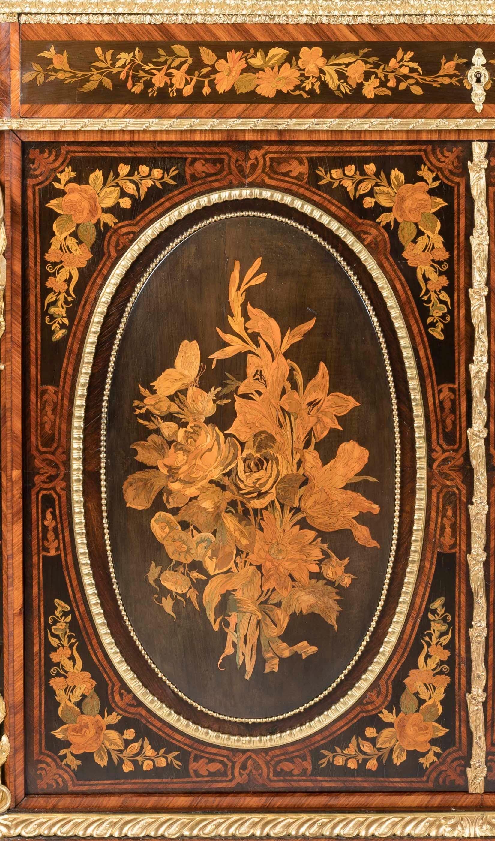 19th century pair of Napoleon III floral marquetry cabinets with marble tops For Sale 3