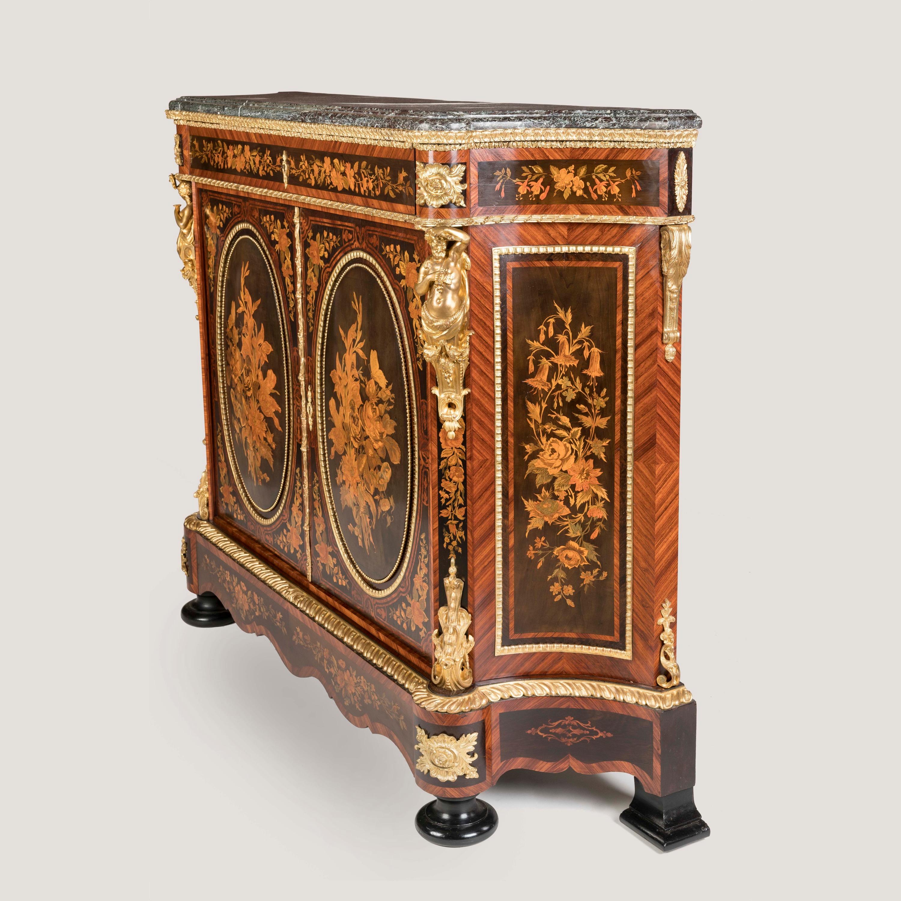 French 19th century pair of Napoleon III floral marquetry cabinets with marble tops For Sale
