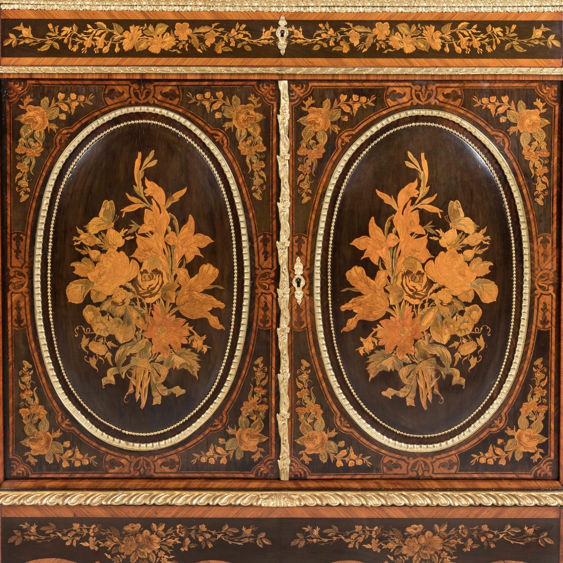 Marquetry 19th century pair of Napoleon III floral marquetry cabinets with marble tops For Sale