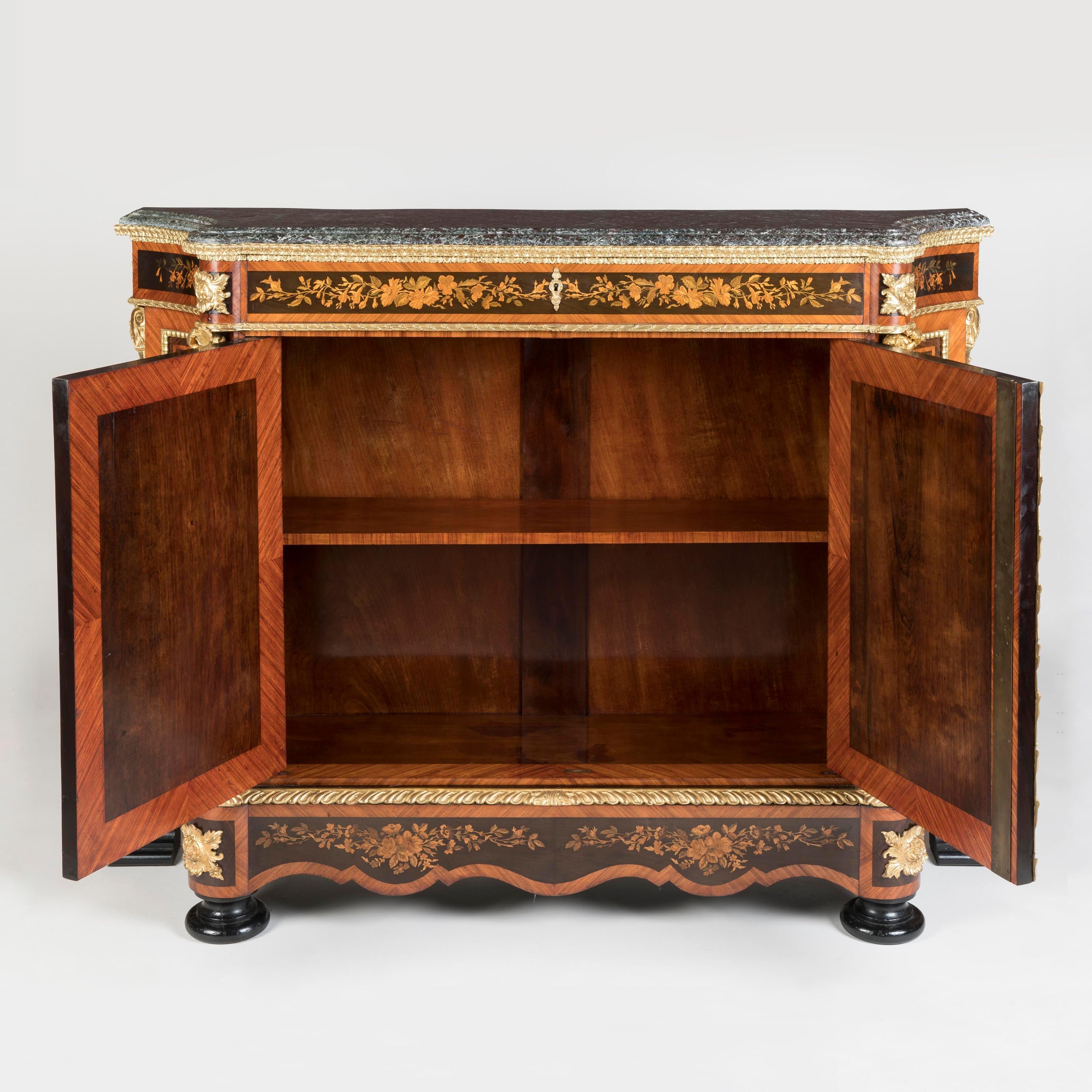 19th Century 19th century pair of Napoleon III floral marquetry cabinets with marble tops For Sale
