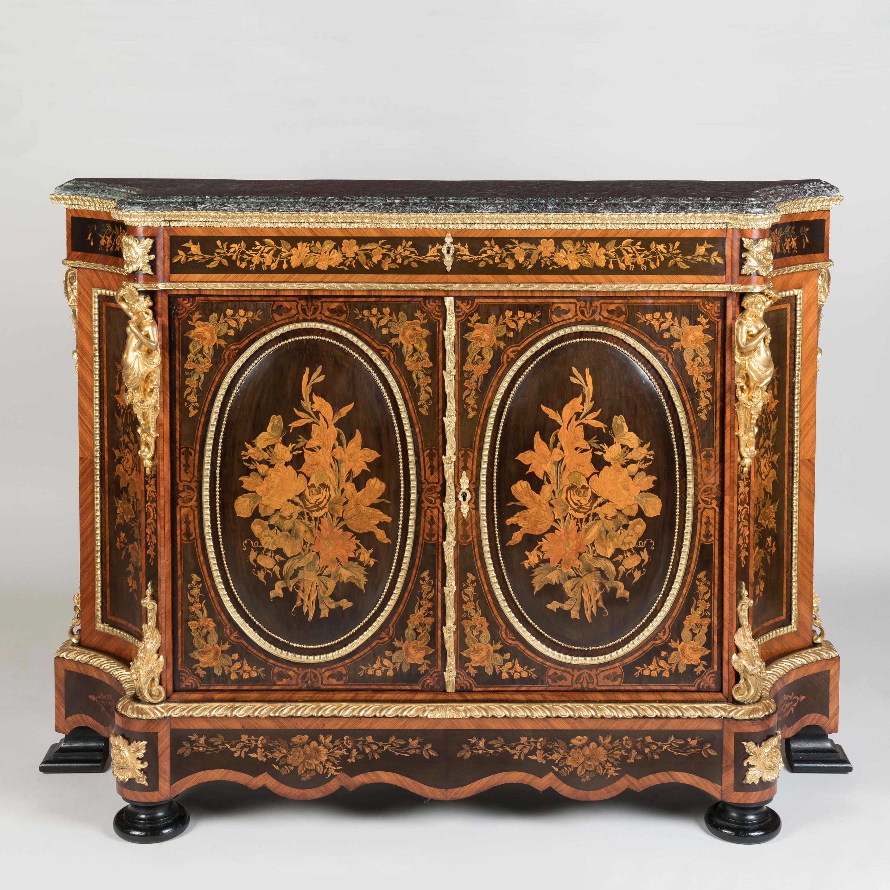 19th century pair of Napoleon III floral marquetry cabinets with marble tops For Sale 1