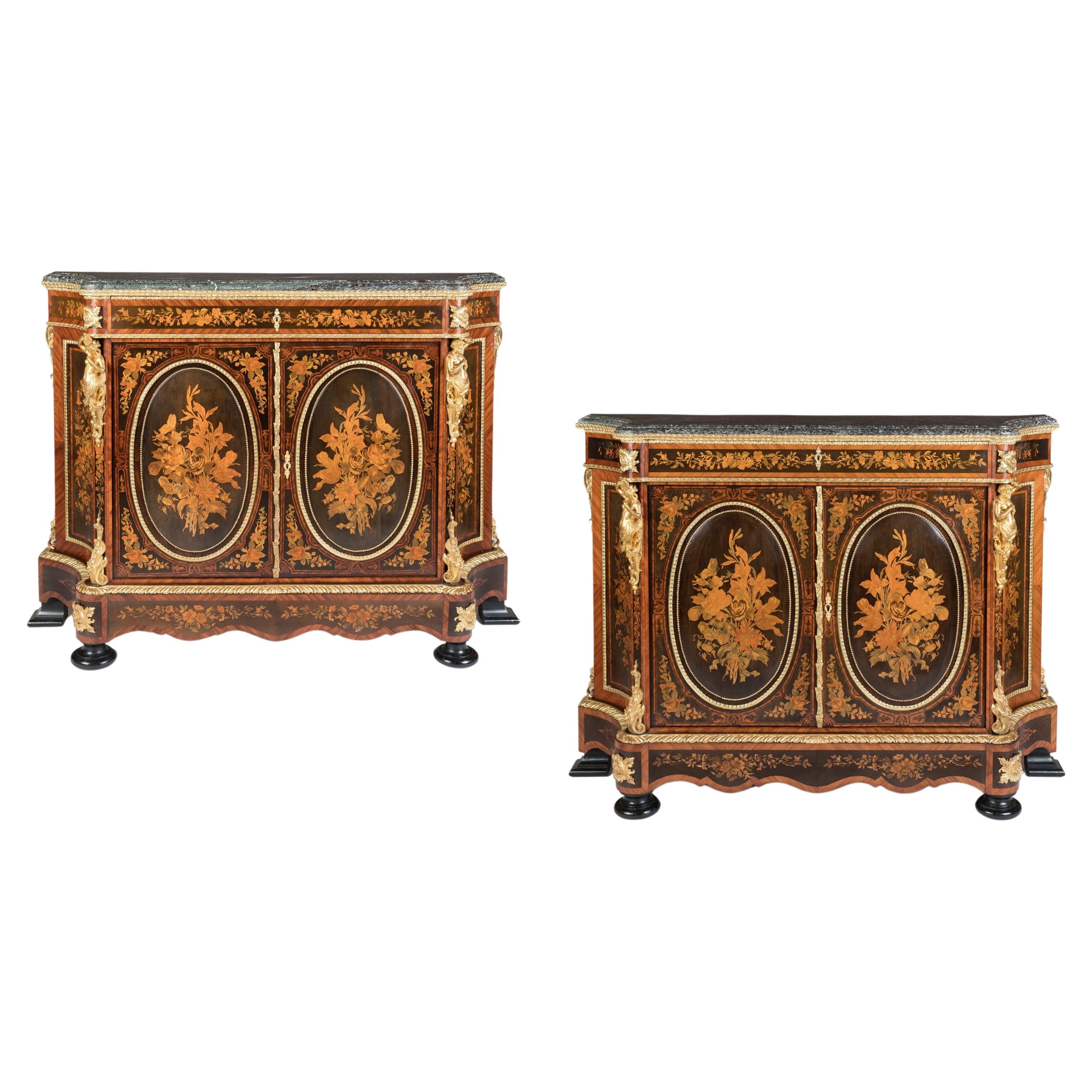 19th century pair of Napoleon III floral marquetry cabinets with marble tops