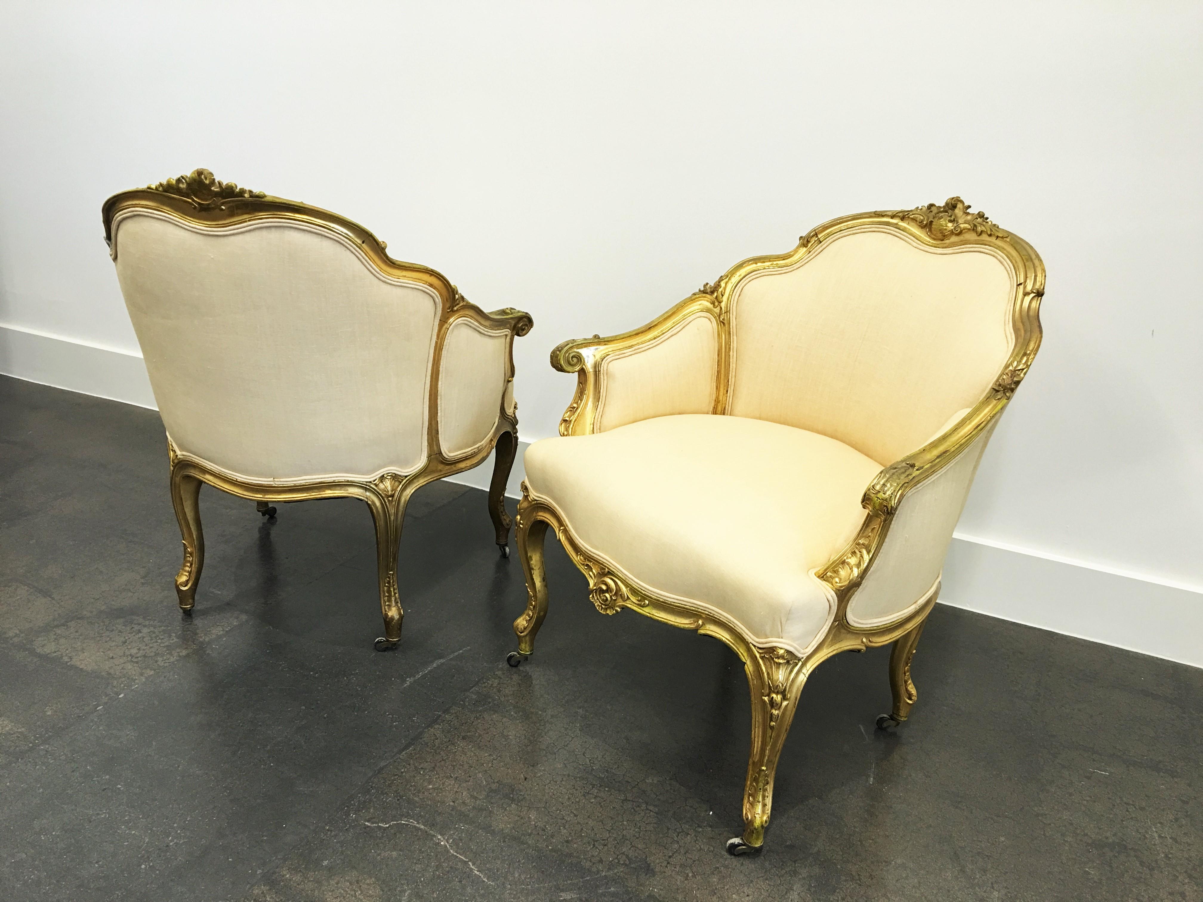 19th Century Pair of Napoleon III Giltwood Bergères For Sale 2