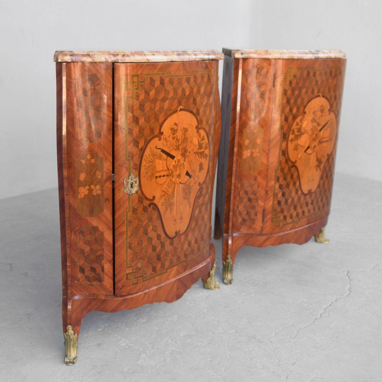 French 19th Century Pair of Napoleon III Inlaid Corner Cupboards For Sale