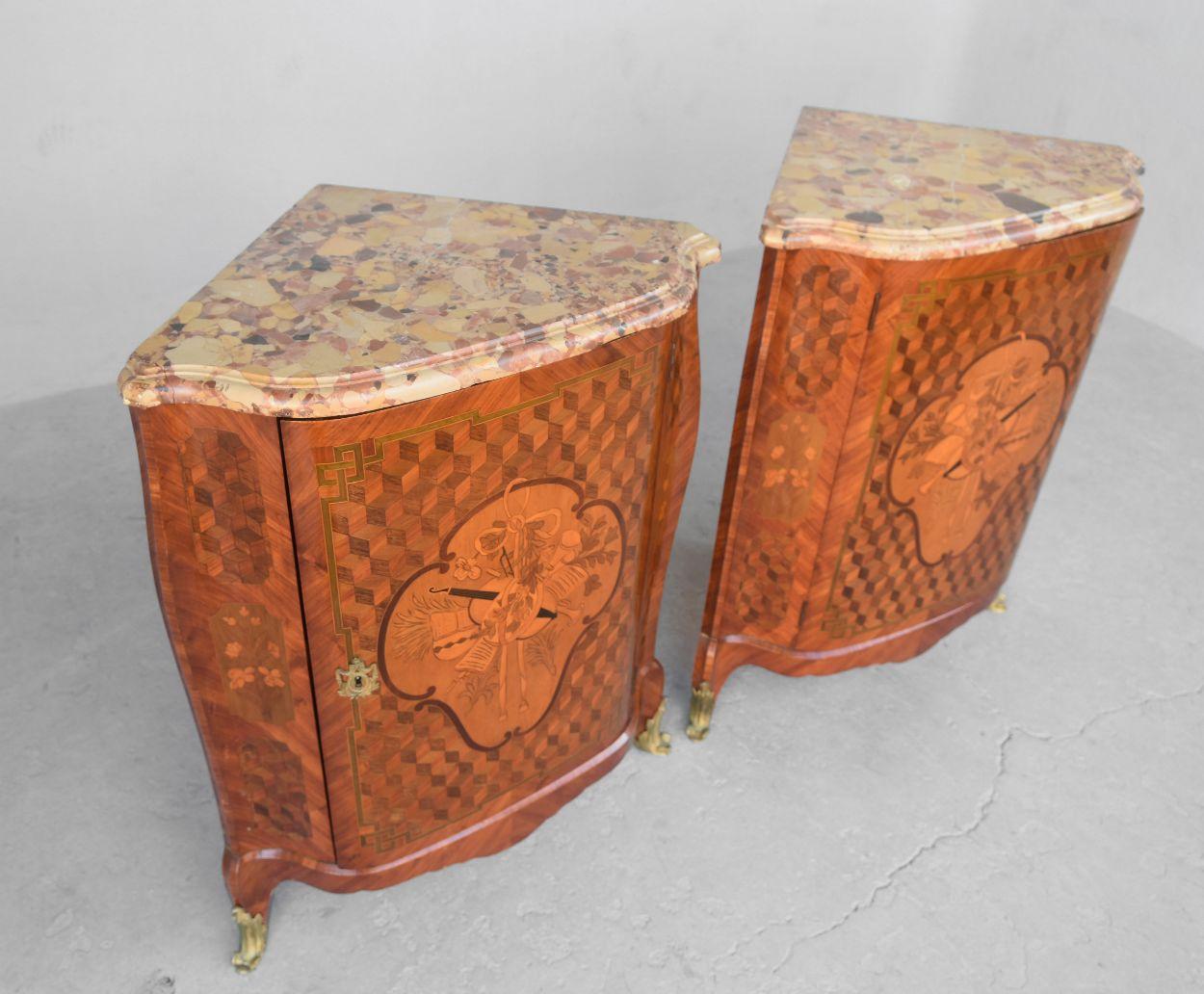 Inlay 19th Century Pair of Napoleon III Inlaid Corner Cupboards For Sale