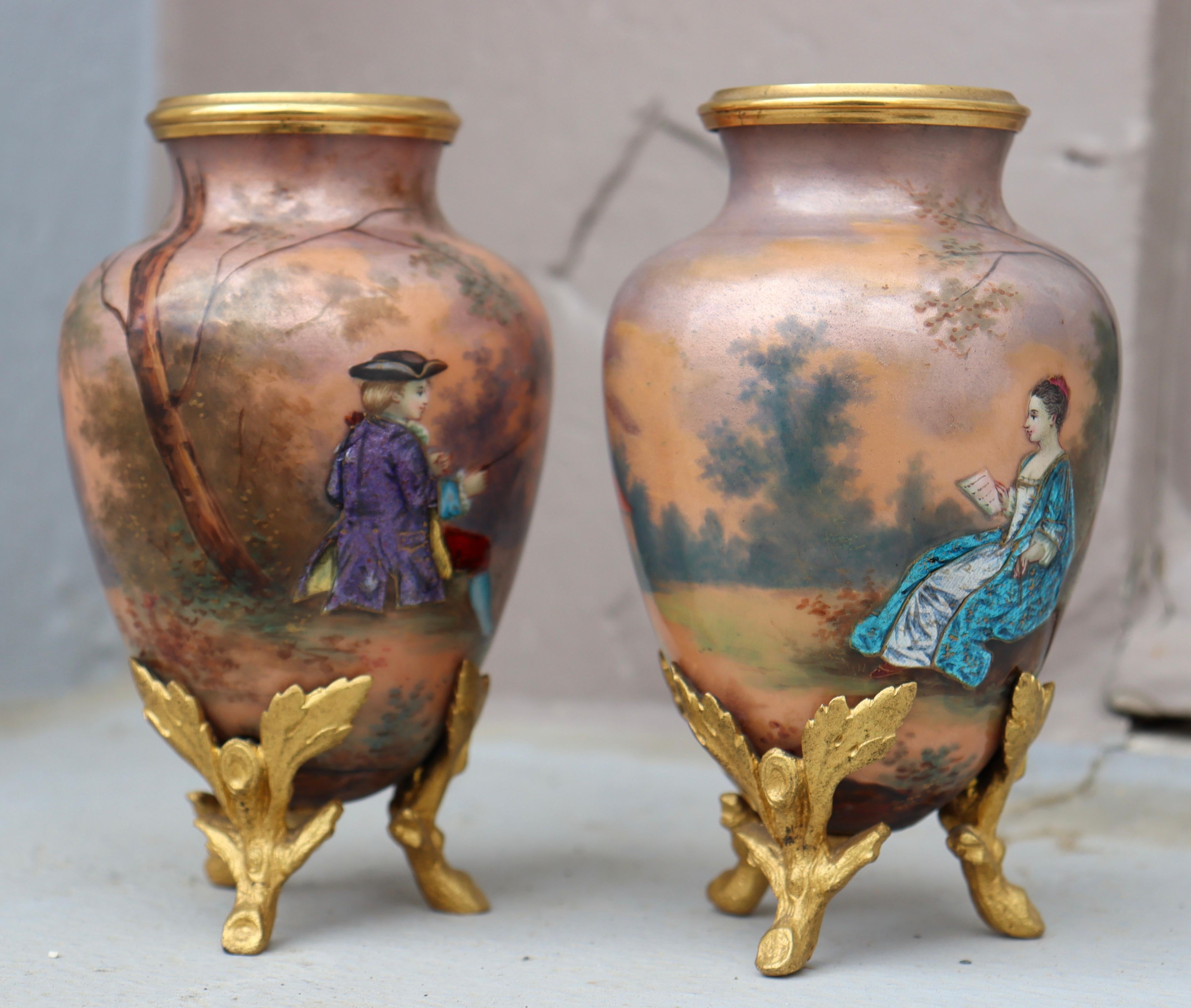 French 19th Century Pair of Napoléon III Limoges Enamel Vases