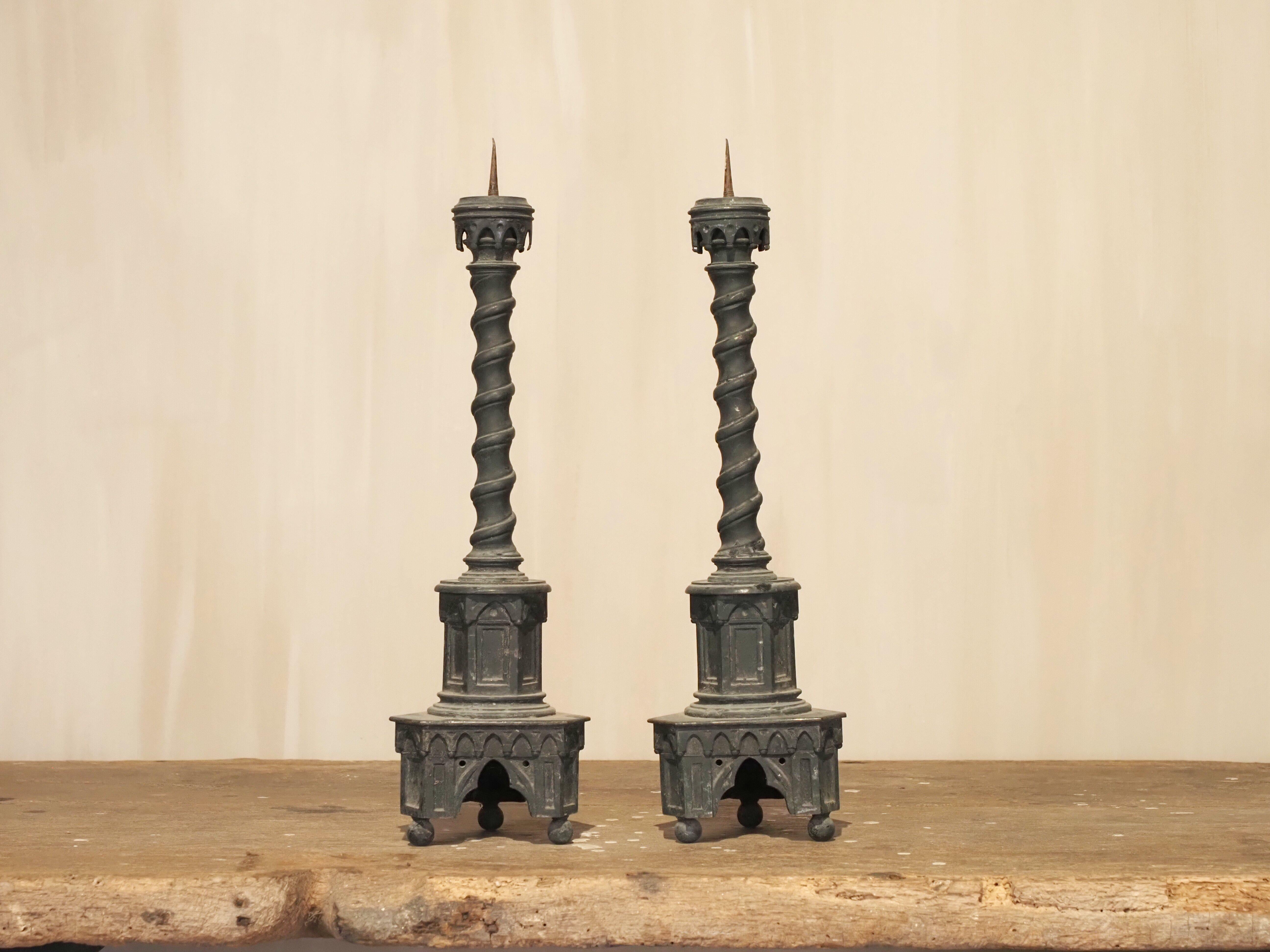 French 19th Century pair of Neo-Gothic candlesticks For Sale