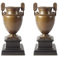 19th Century Pair of Neoclassical Bronze Grand Tour Vases on Marble Bases