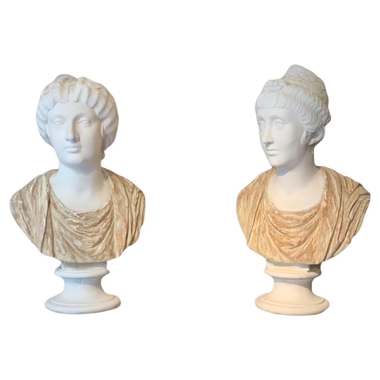19th CENTURY PAIR OF NEOCLASSICAL BUSTS IN TERRACOTTA AND PLASTER