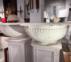 19th Century Pair of Neoclassical Cast Iron Planters Urns White Patina