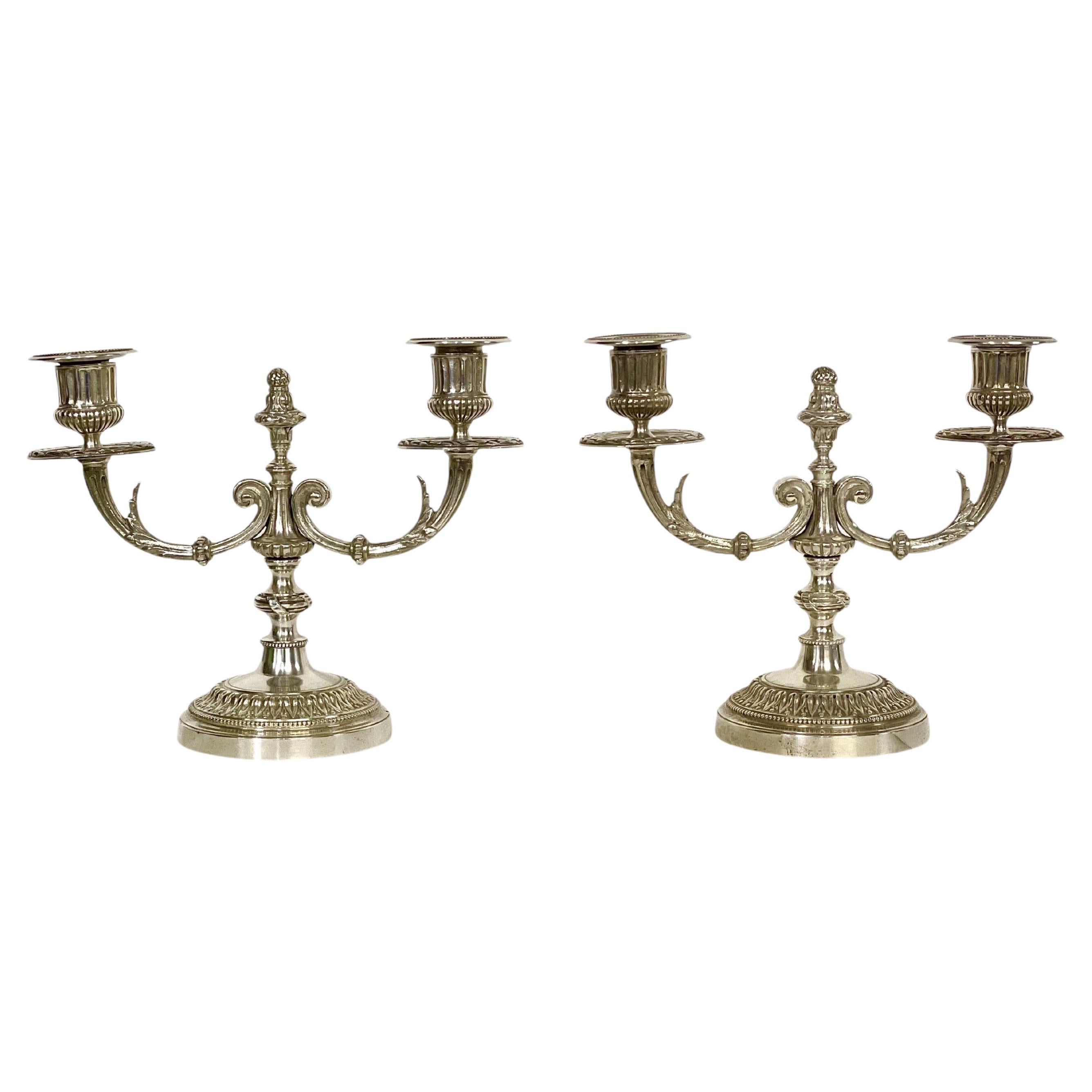 19th Century Pair of Neoclassical Silver-Plated Candelabra