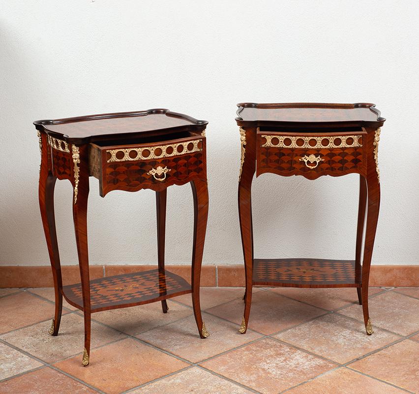 19th Century, Pair of Night Stands in Exotic Wood with Gilt Bronze For Sale 1