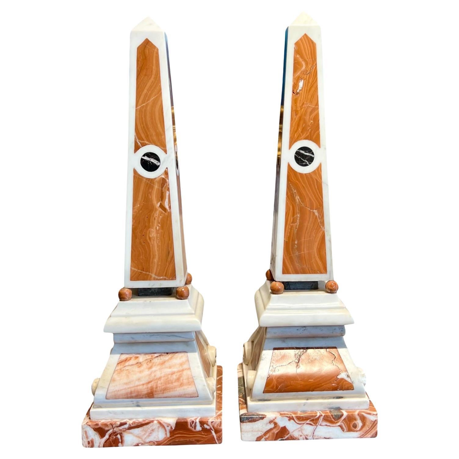 19th Century Pair of Obelisks in Carrara Marble, Sicilian Jasper & Black Portoro