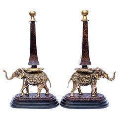 19th Century Pair of Obelisks with Elephants Bronze and Stone