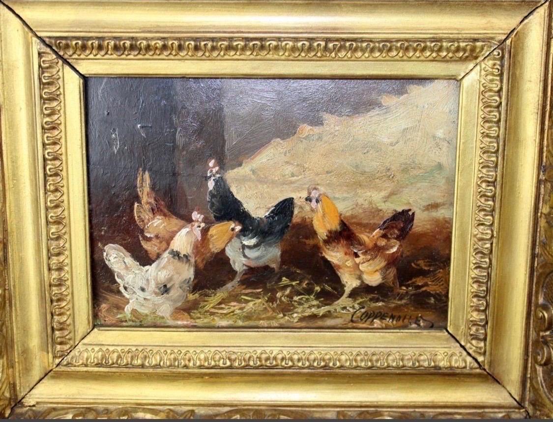 Belga Coppia di dipinti a olio su tavola del XIX secolo firmati con cornici in legno dorato