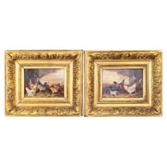 19th Century Pair of Oil on Board Signed Paintings Giltwood Frames Roosters