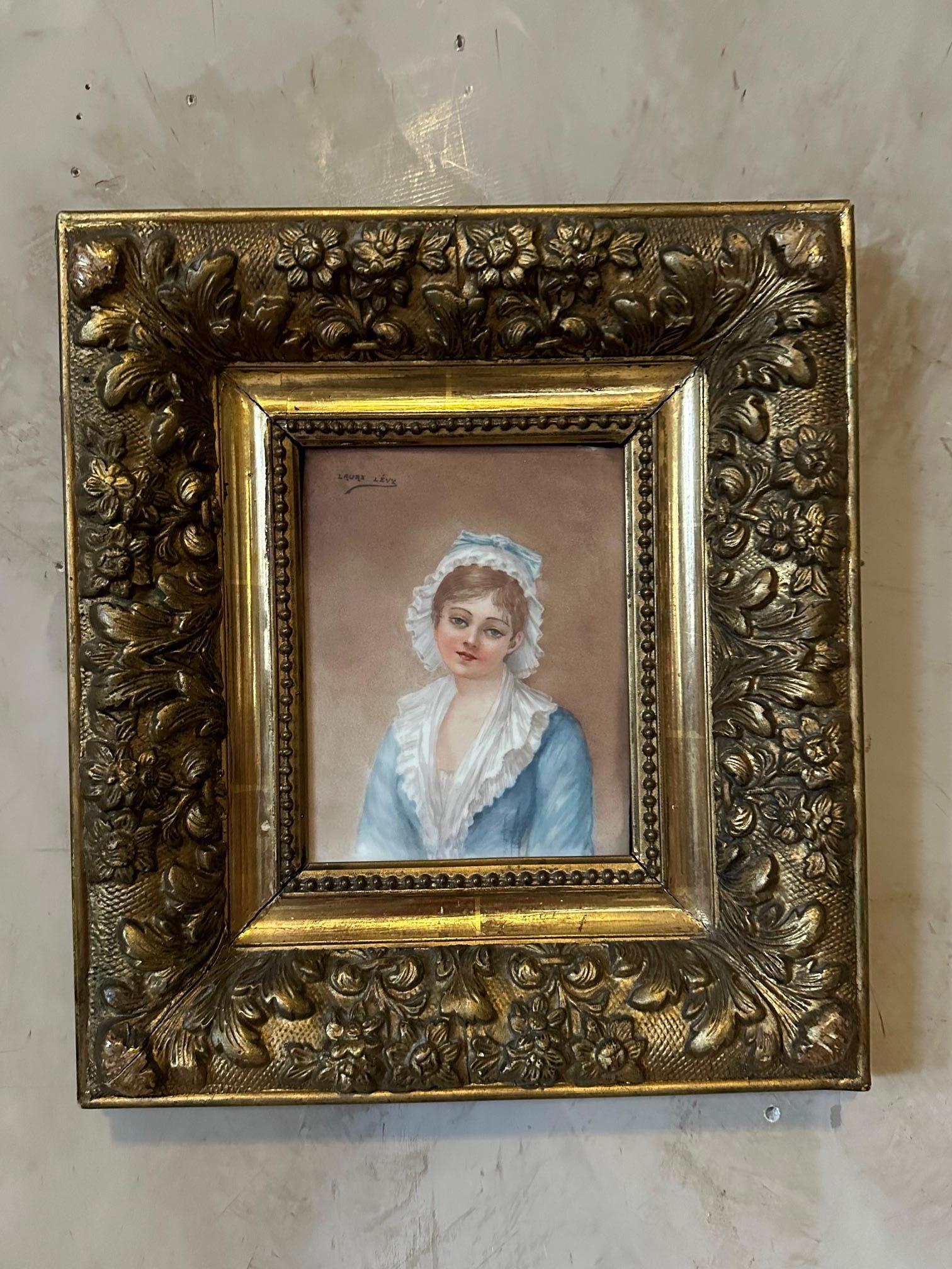 19th century Pair of Oil on Porcelain Portrait by Laure Lévy In Good Condition For Sale In LEGNY, FR