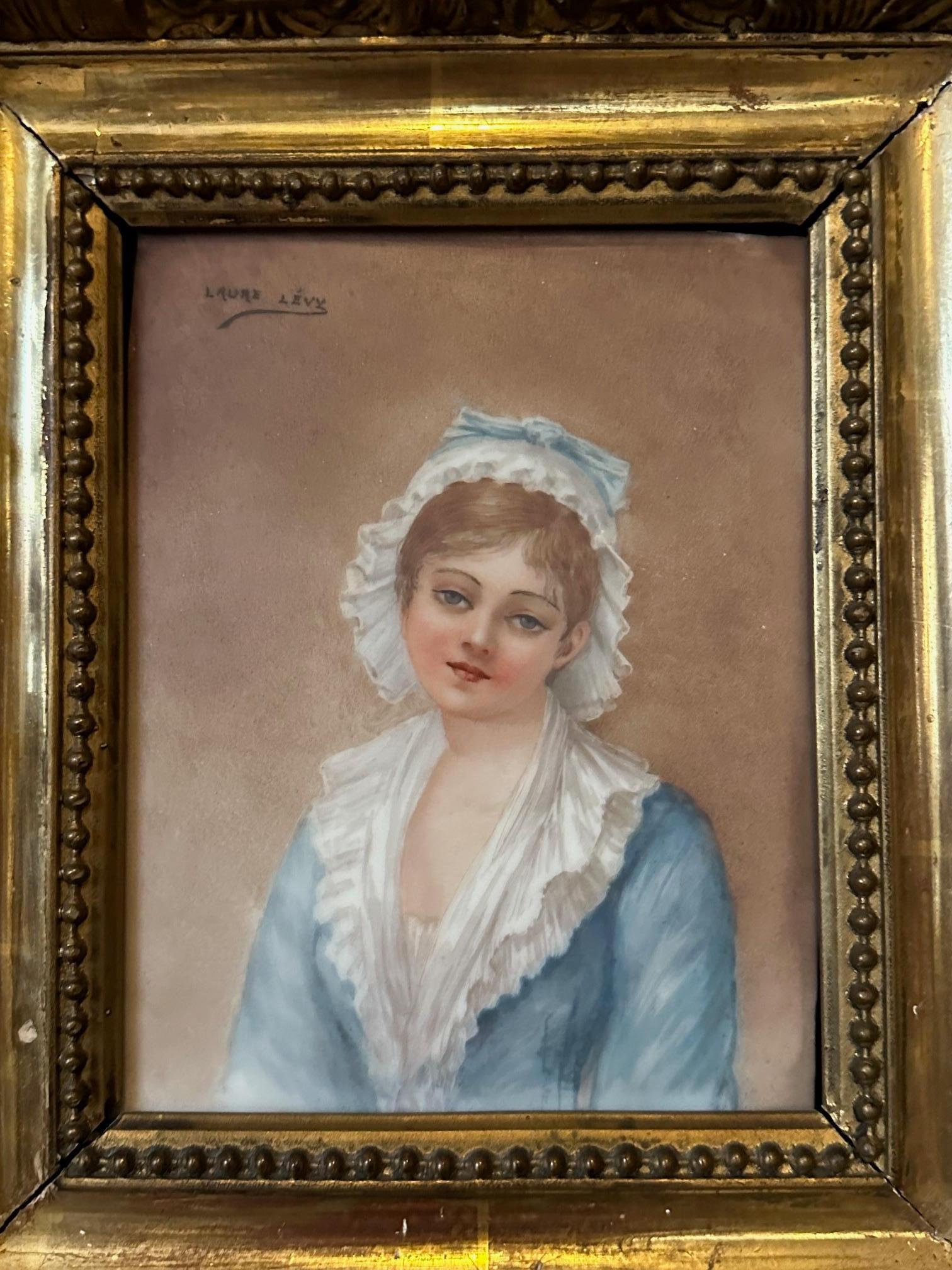 19th century Pair of Oil on Porcelain Portrait by Laure Lévy For Sale 2