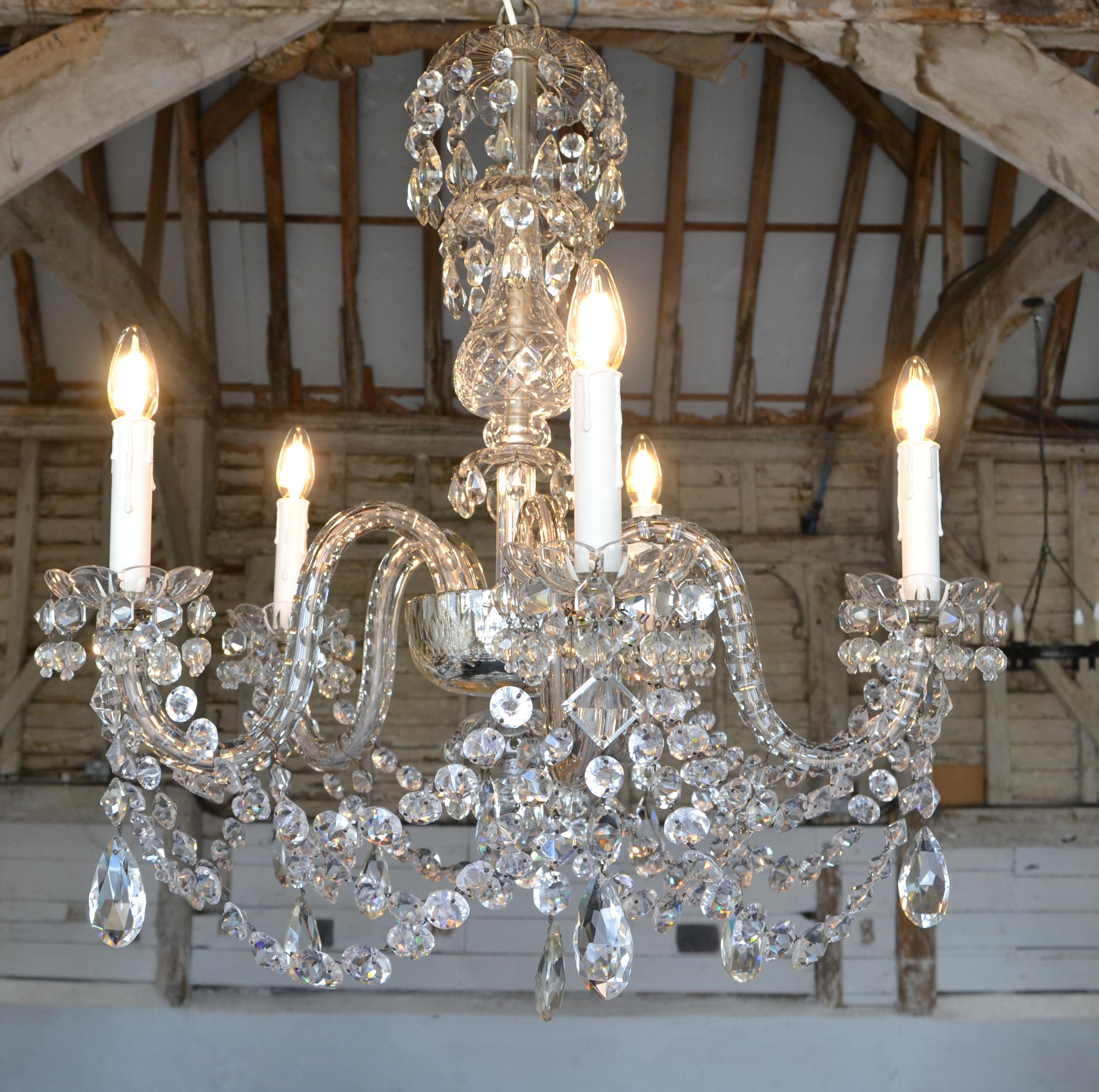 Victorian 19th Century Pair of Old English Crystal 5 light chandeliers
