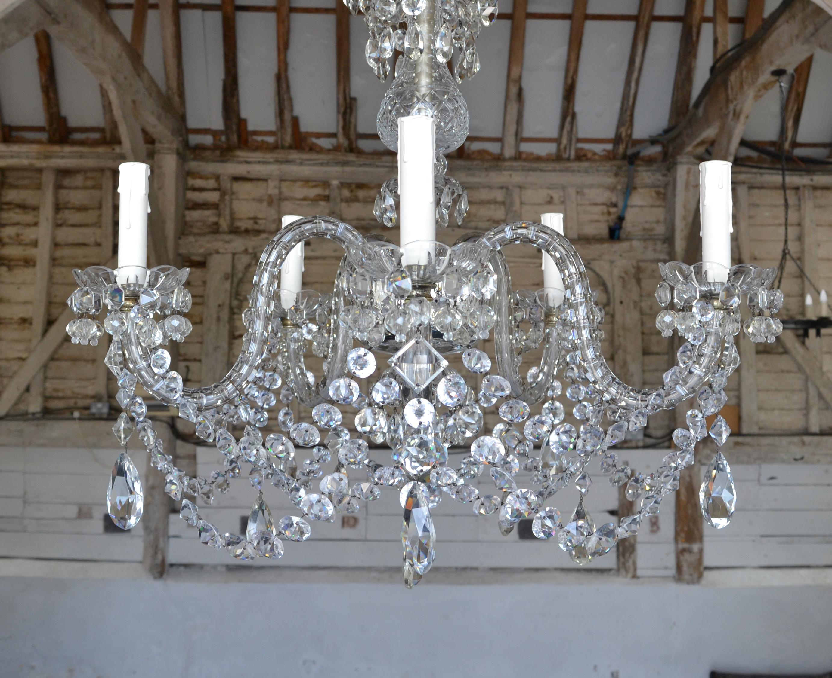 British 19th Century Pair of Old English Crystal 5 light chandeliers