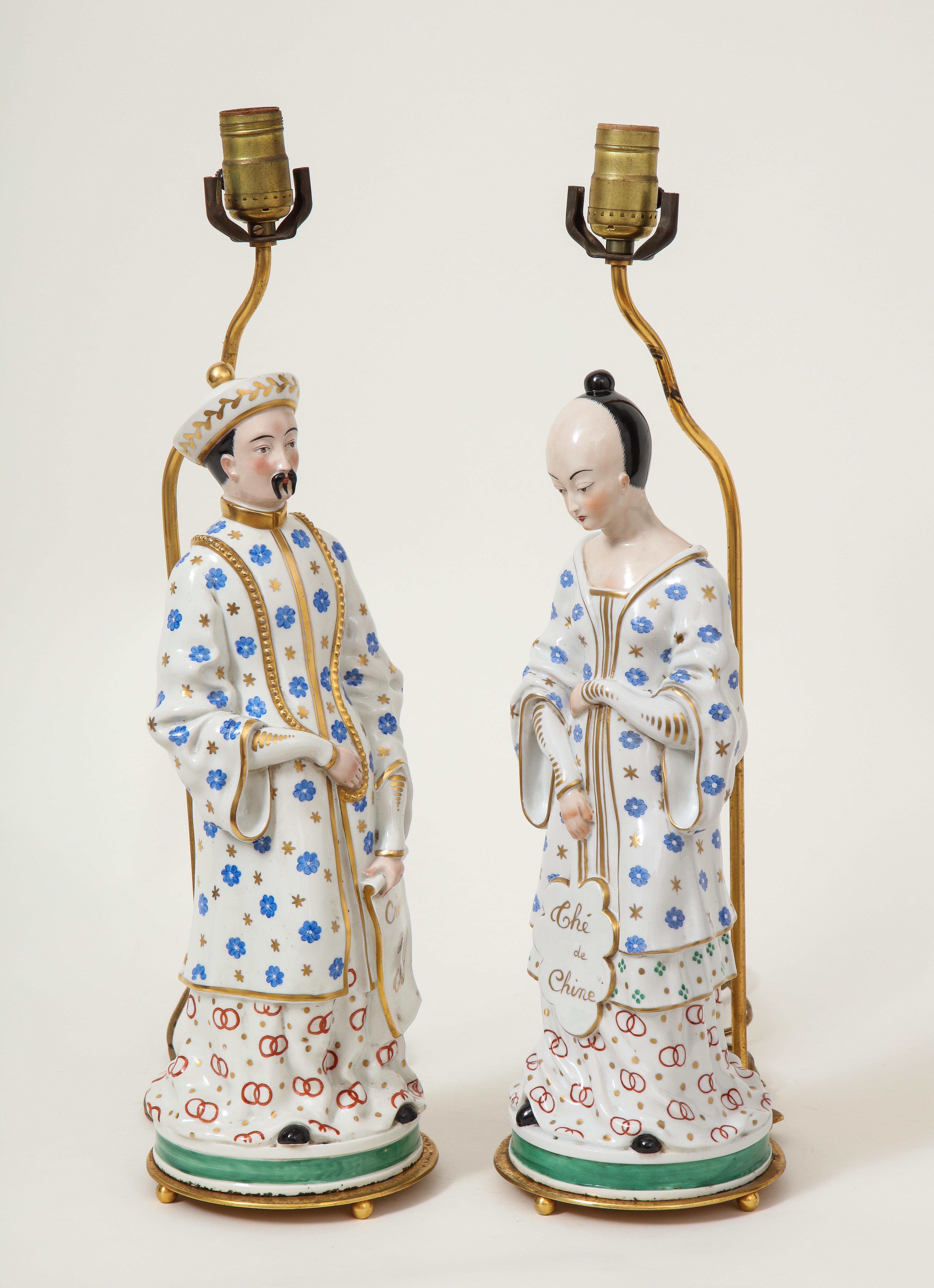 Porcelain 19th Century Pair of Old Paris Chinese Figures Mounted as Lamps