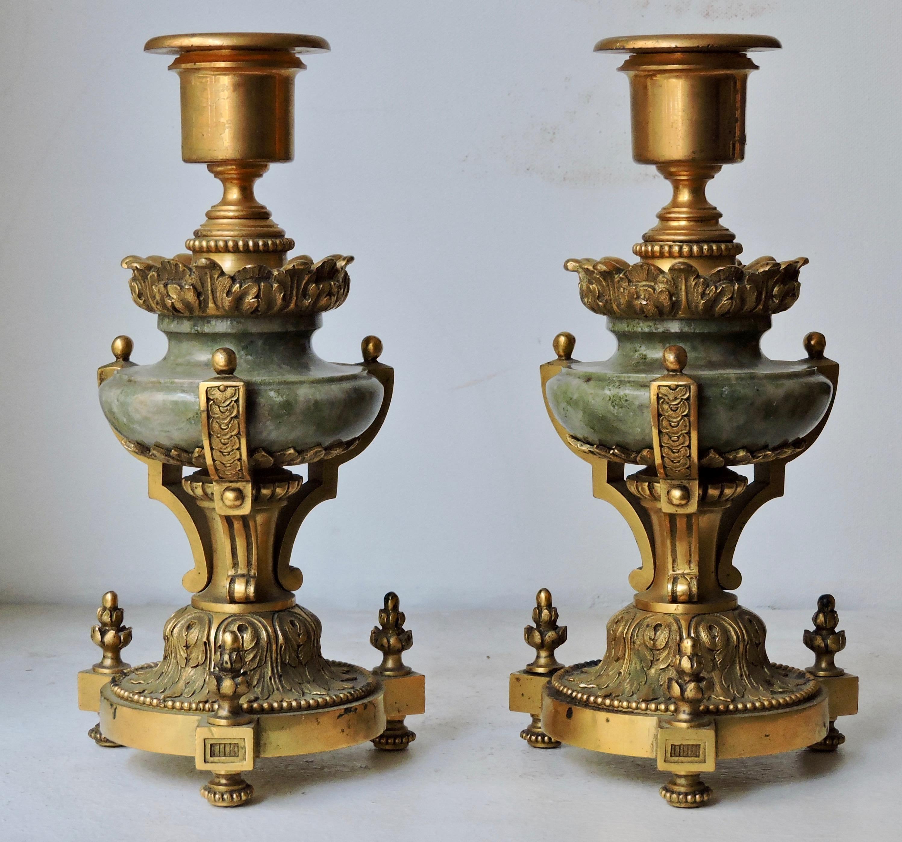 19th century Louis XVI style pair of ormolu and green jasper candlesticks.