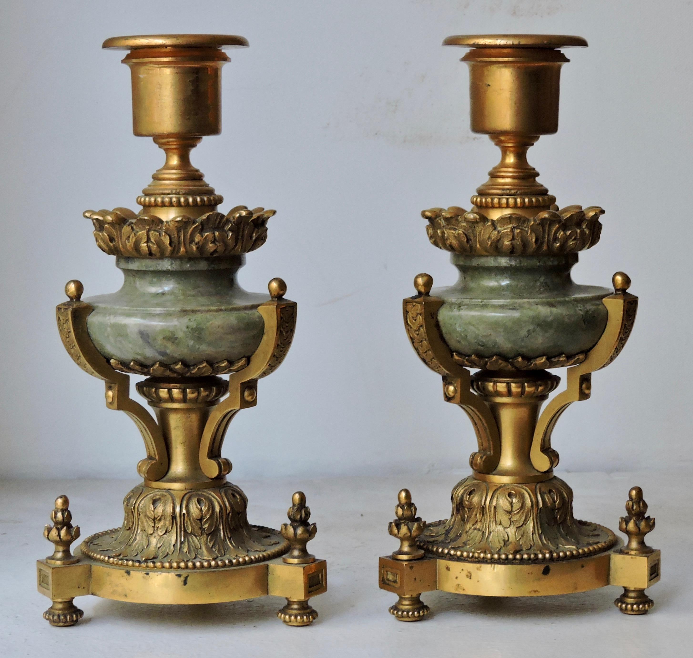 Louis XVI 19th Century Pair of Ormolu and Green Jasper Candlesticks