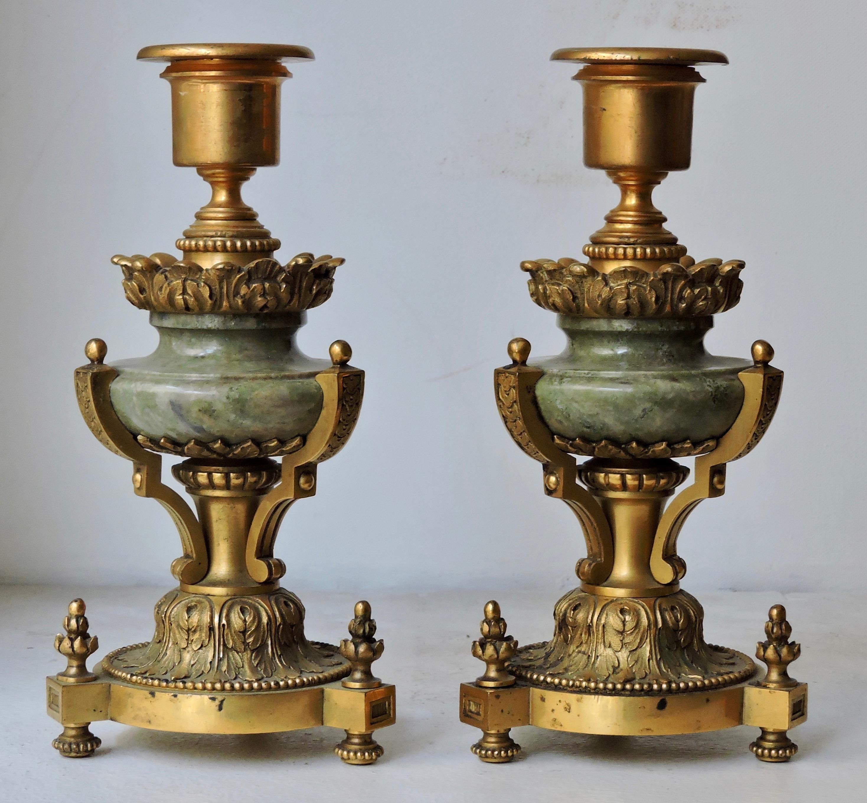 French 19th Century Pair of Ormolu and Green Jasper Candlesticks