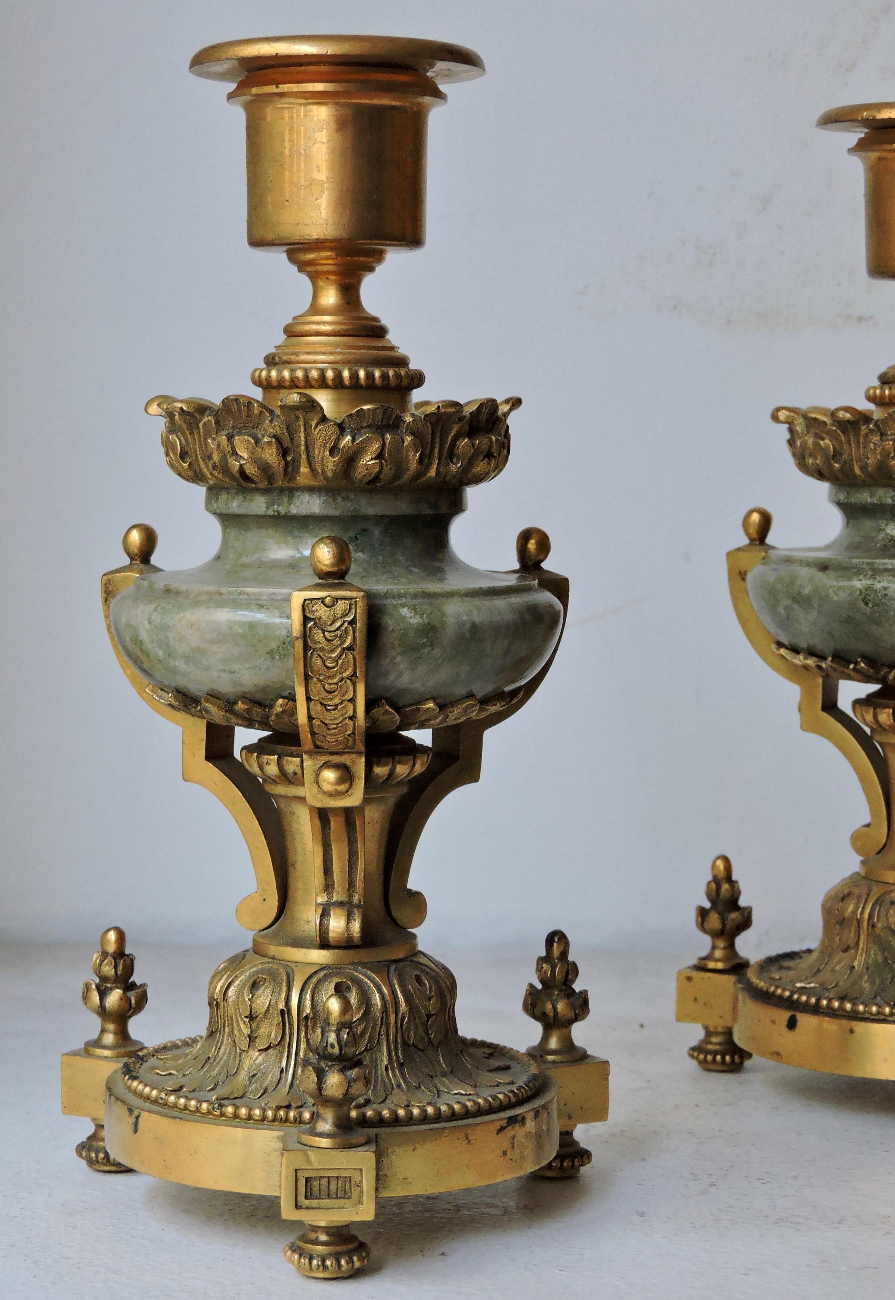 Carved 19th Century Pair of Ormolu and Green Jasper Candlesticks