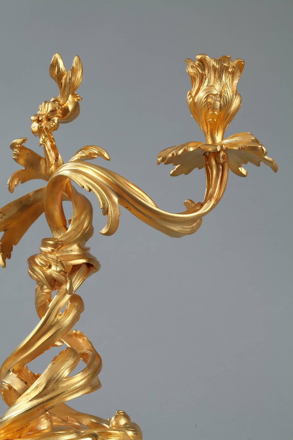 Gilt 19th Century Pair of Ormolu Candelabras in Louis XV Style For Sale