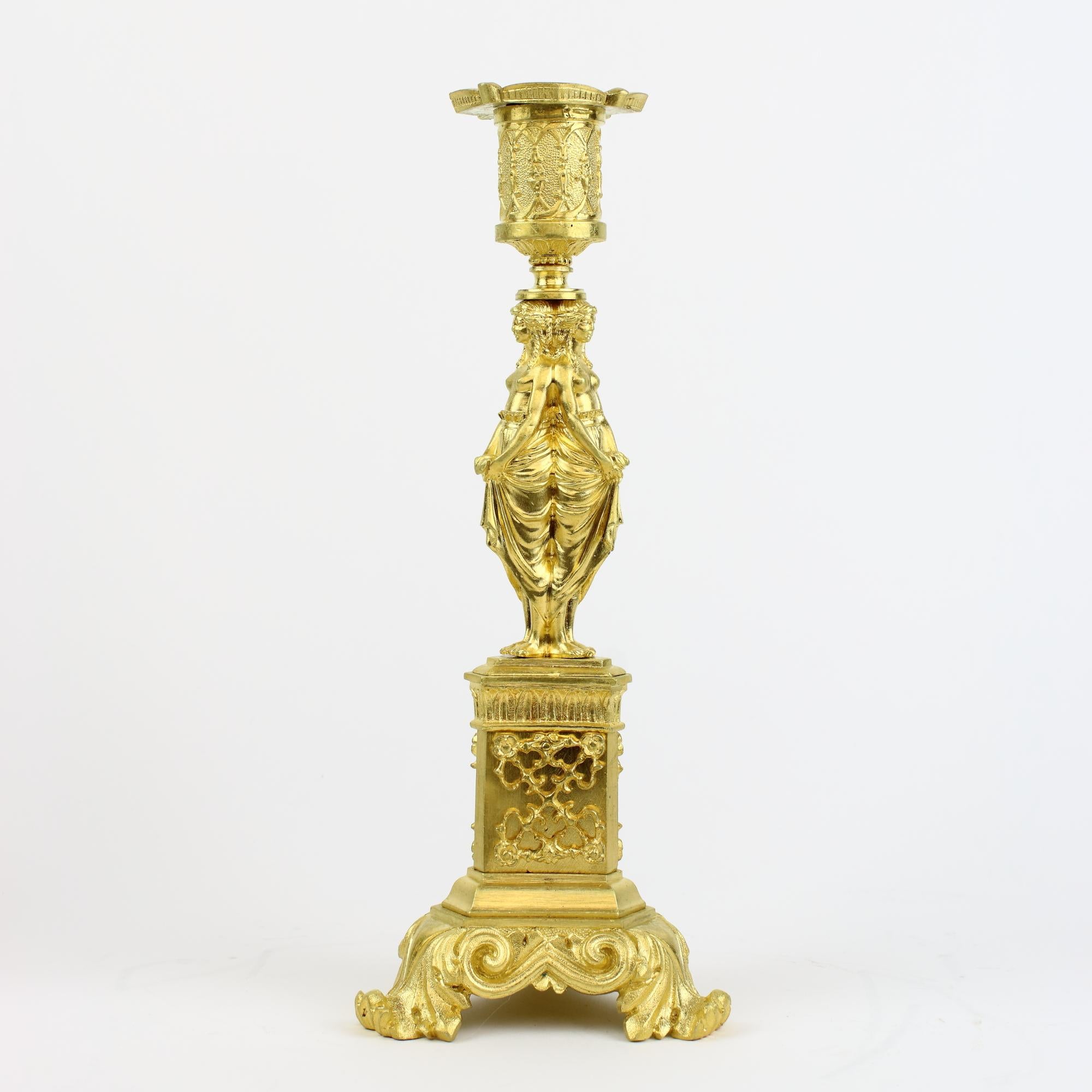 19th Century French Napoleon III Gilt Bronze Female Caryatids Candlesticks For Sale 1